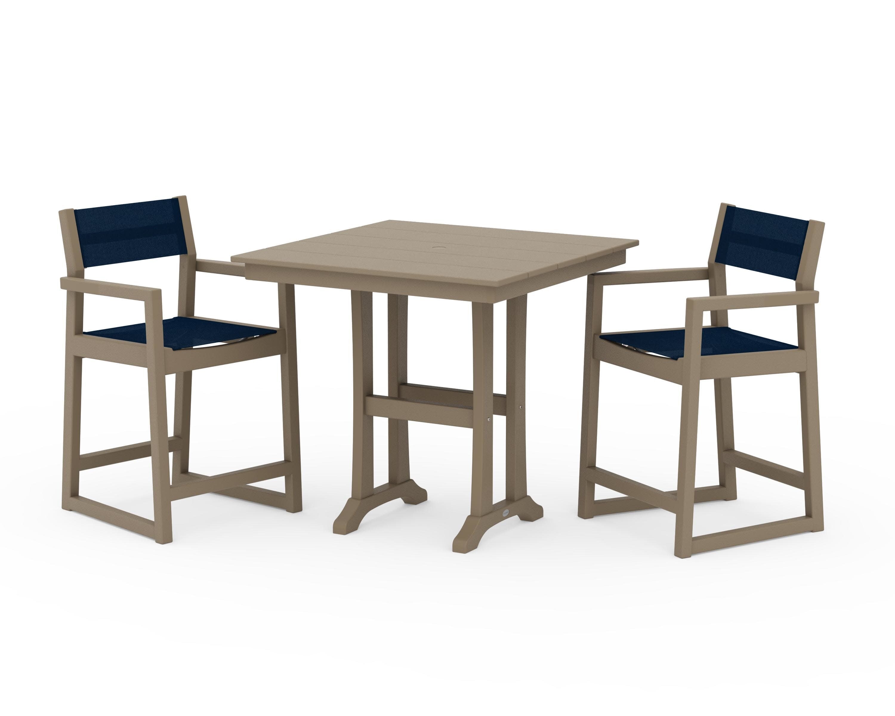 EDGE Sling Arm Chair 3-Piece Farmhouse Counter Set with Trestle Legs in Vintage Sahara / Navy Blue Sling
