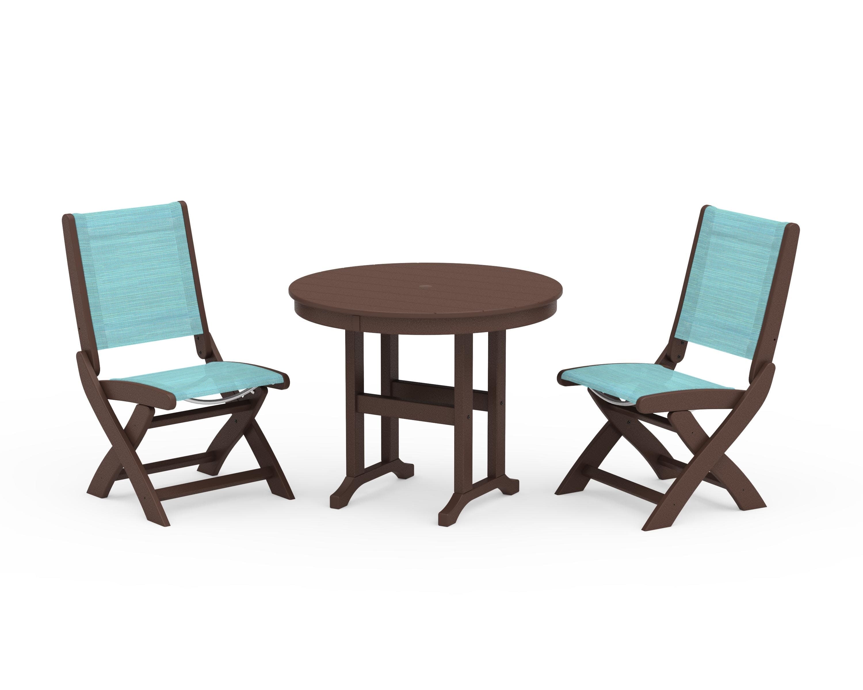 Coastal Folding Side Chair 3-Piece Round Dining Set in Mahogany / Dupioni Aquamarine Sling