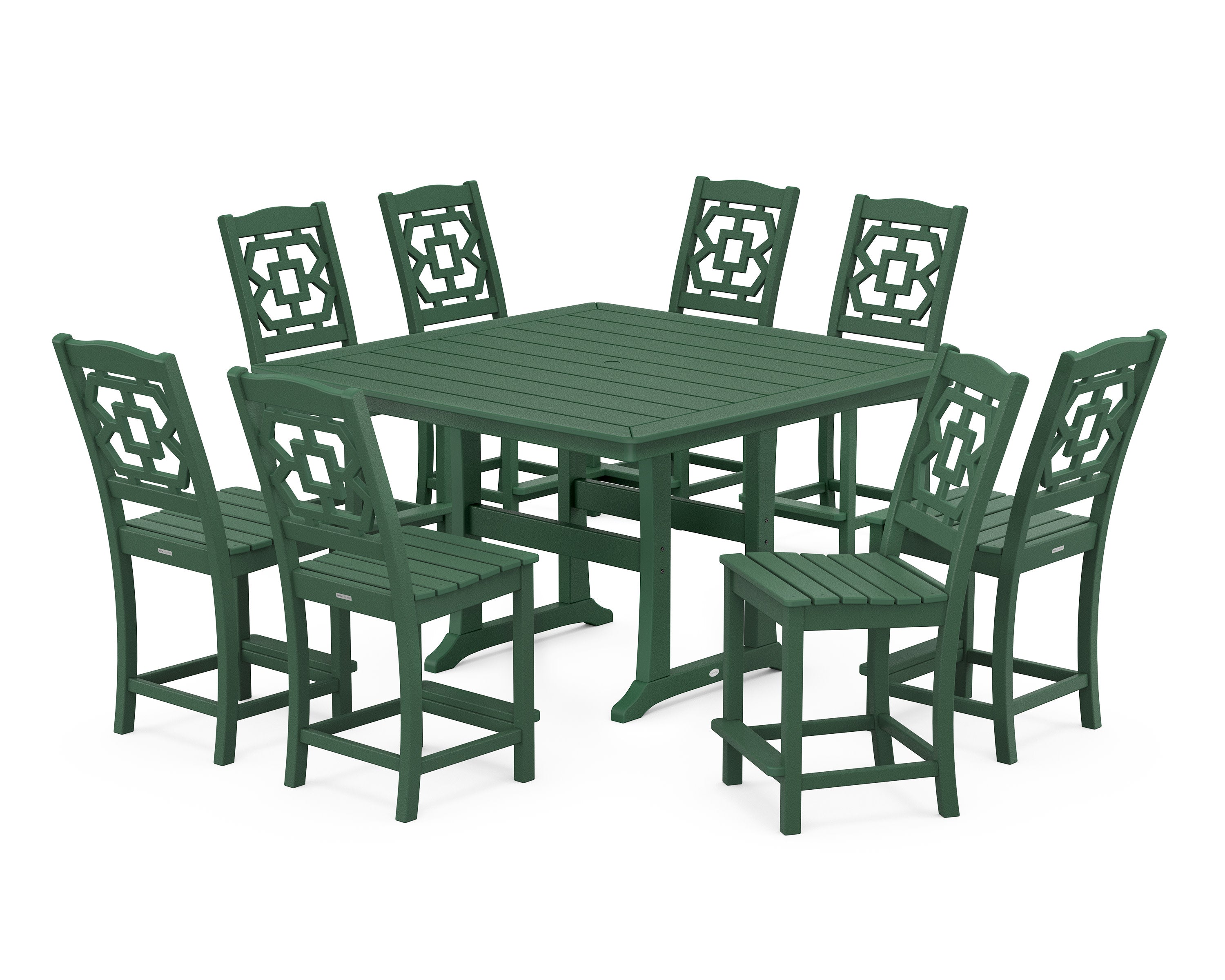 Chinoiserie 9-Piece Square Side Chair Counter Set with Trestle Legs in Green