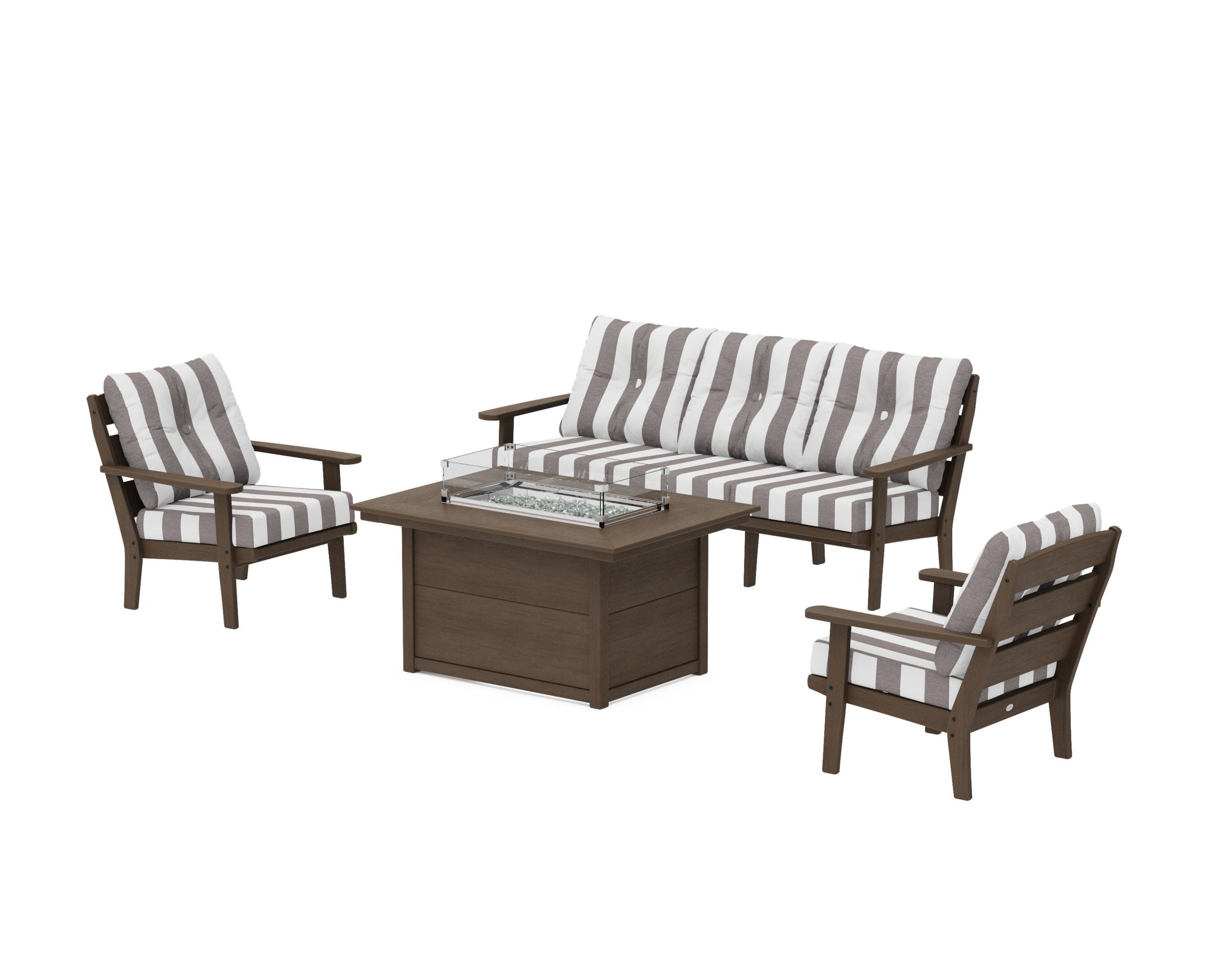 Lakeside Deep Seating Fire Pit Table Set in Kona / Cabana Stripe Grey Mist