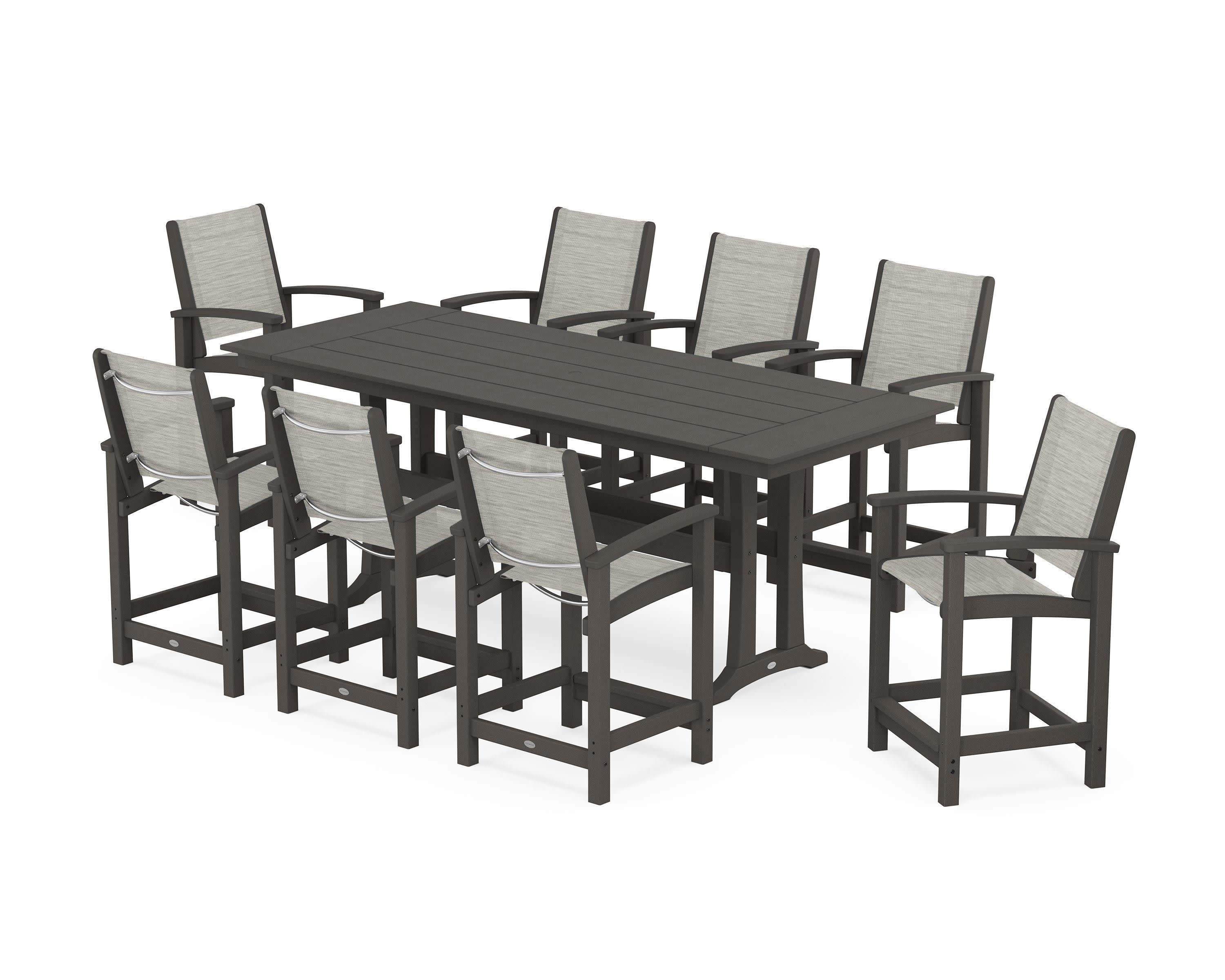 Coastal 9-Piece Farmhouse Counter Set with Trestle Legs in Vintage Coffee / Birch Sling