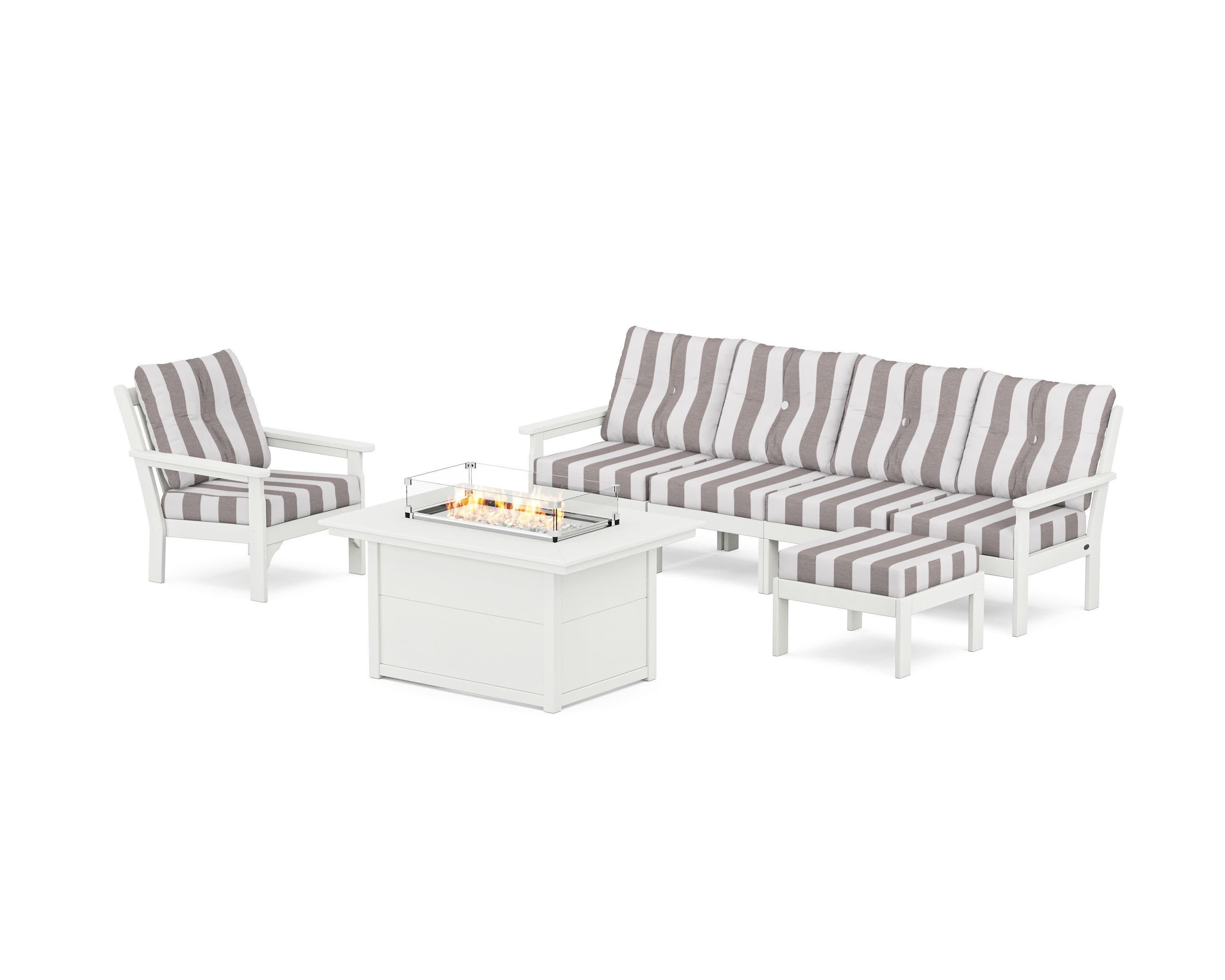 Vineyard Sectional Lounge and Fire Pit Set in Vintage White / Cabana Stripe Grey Mist