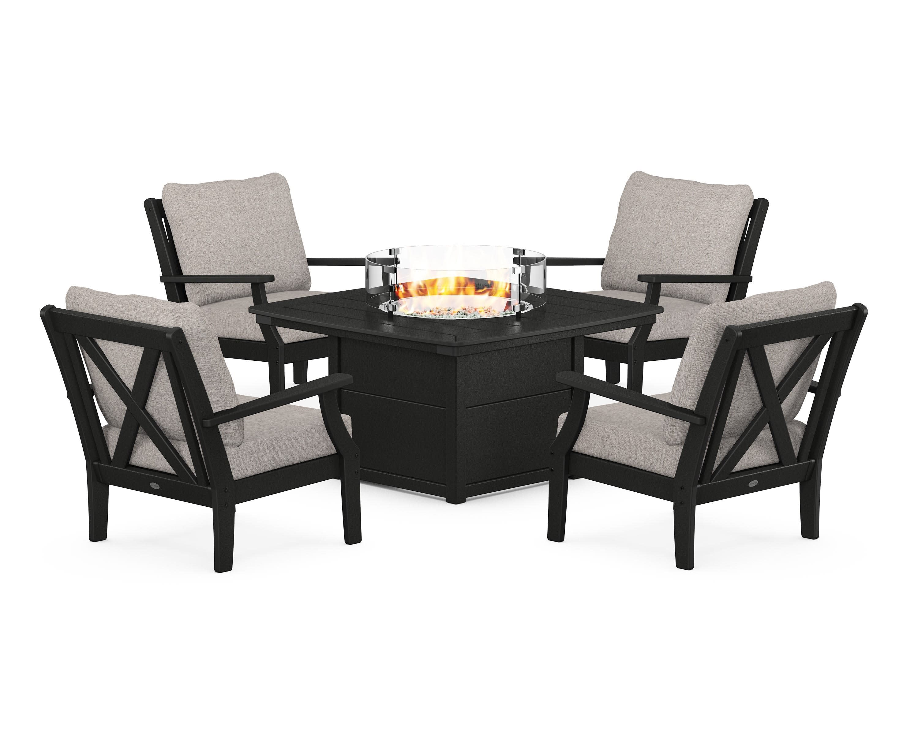 Braxton 5-Piece Deep Seating Conversation Set with Fire Pit Table in Black / Weathered Tweed
