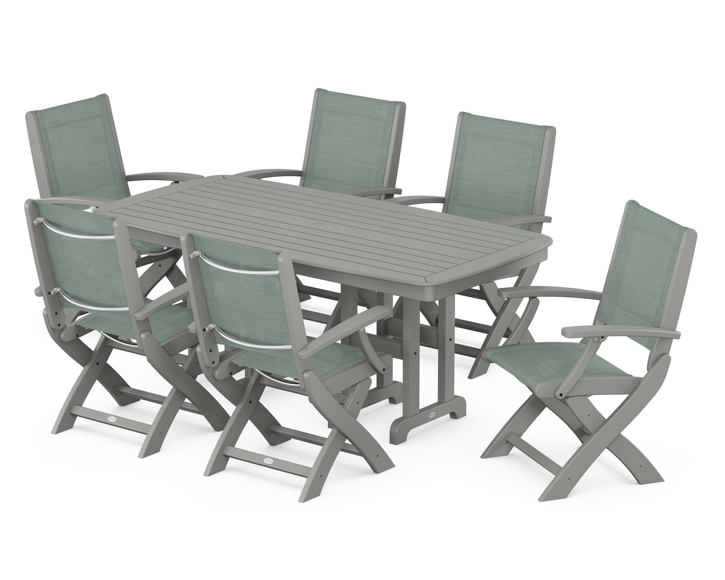 Coastal Folding Arm Chair 7-Piece Dining Set in Slate Grey / Dupioni Sea Mist Sling