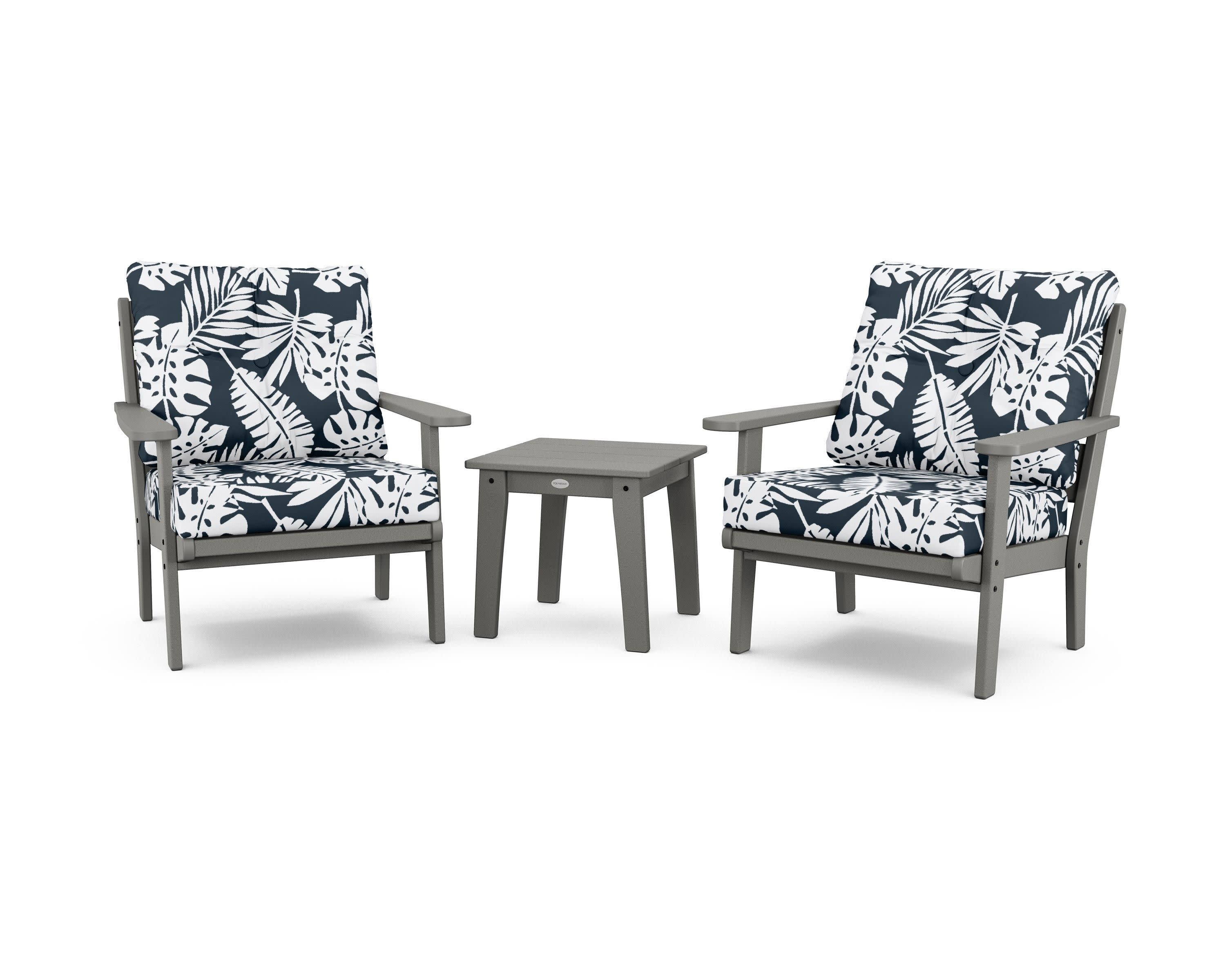 Lakeside 3-Piece Deep Seating Chair Set in Slate Grey / Leaf Marine Indigo