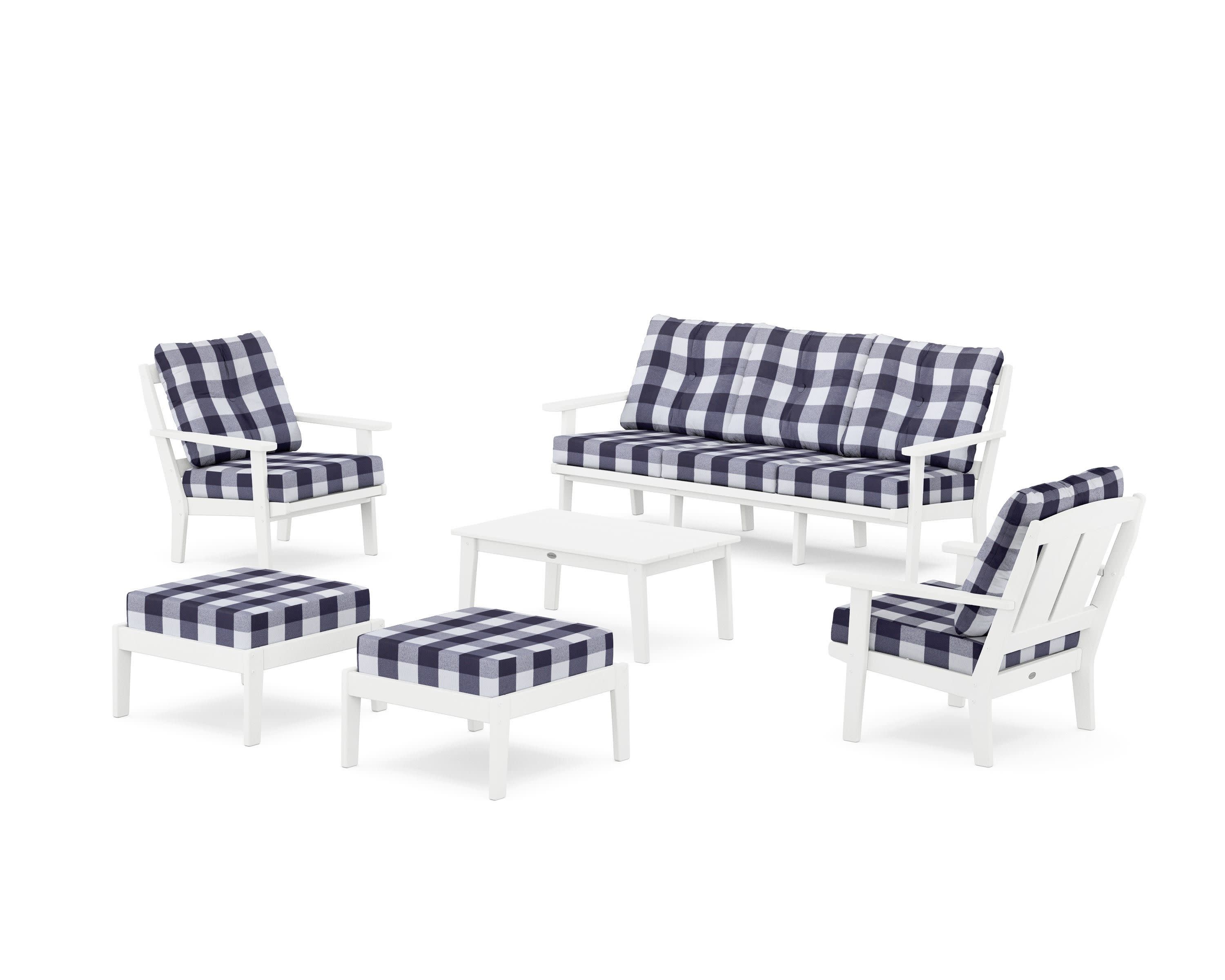 Mission 6-Piece Lounge Sofa Set in White / Buffalo Plaid Navy