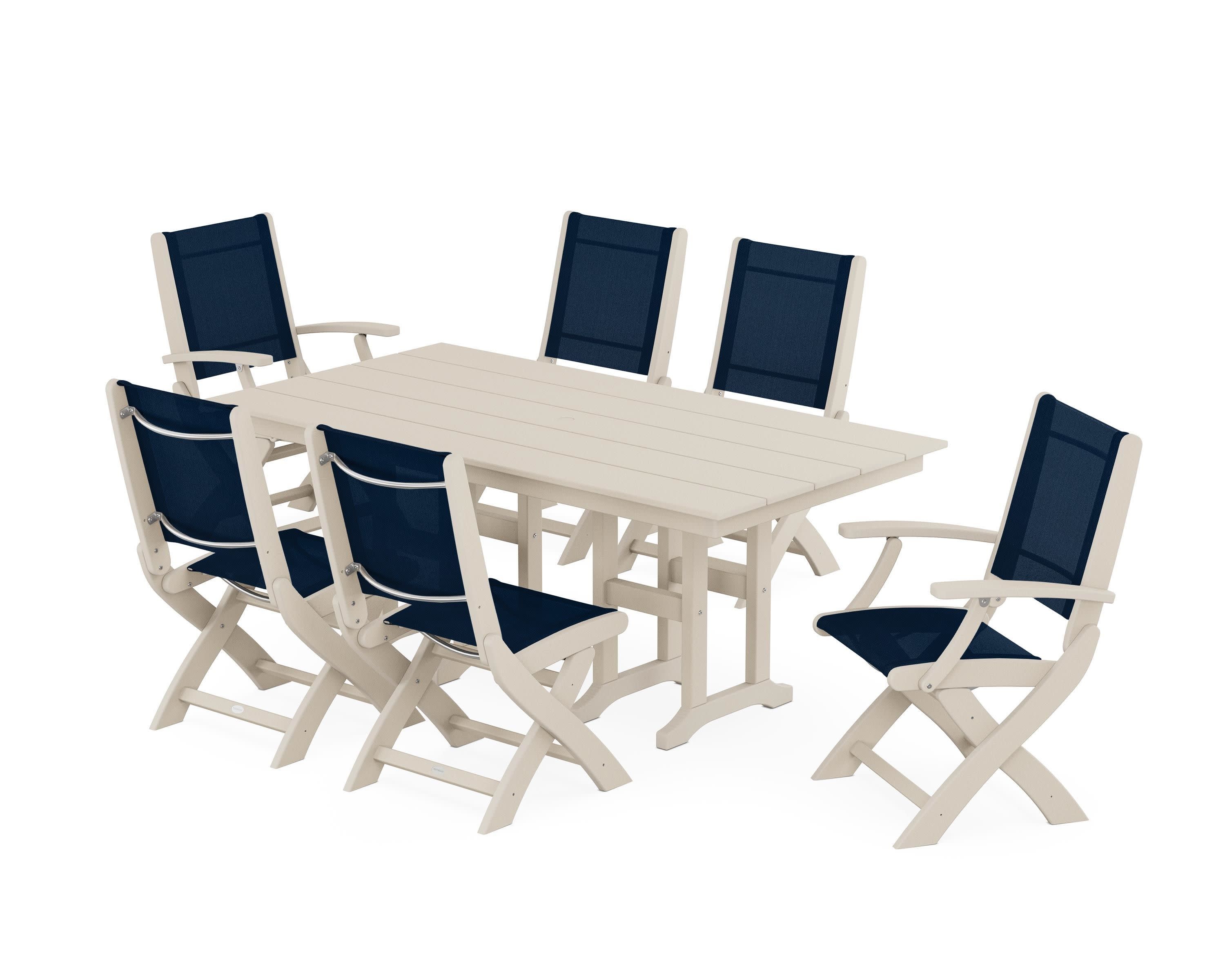 Coastal Folding Chair 7-Piece Farmhouse Dining Set in Sand / Navy Blue Sling
