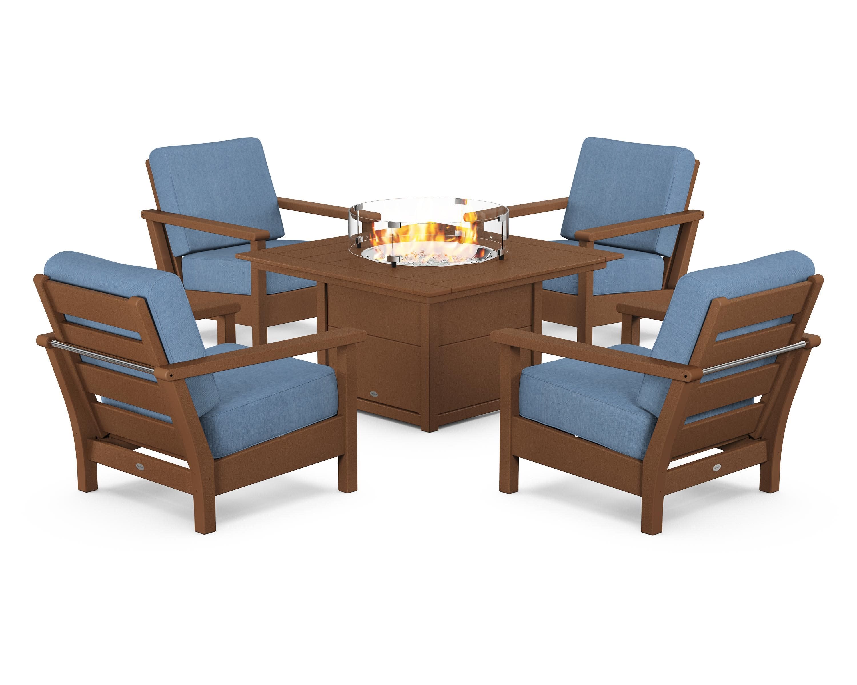 Harbour 5-Piece Conversation Set with Fire Pit Table in Teak / Sky Blue