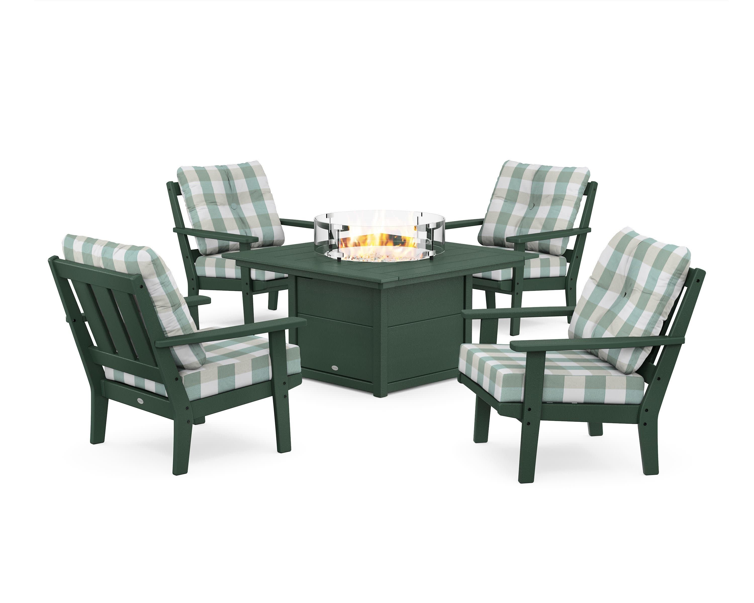 Oxford 5-Piece Deep Seating Set with Fire Pit Table in Green / Buffalo Plaid Glacier Spa