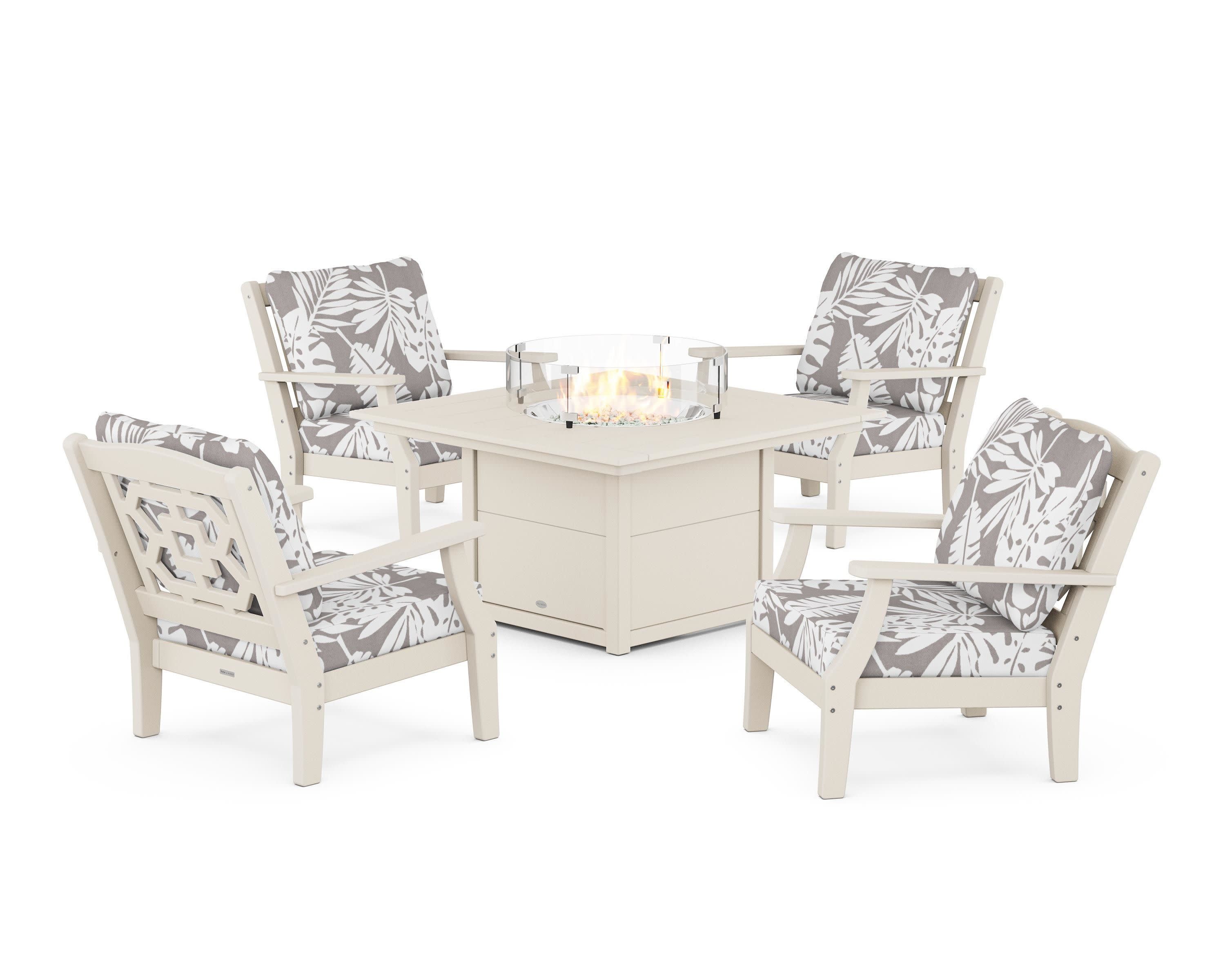 Chinoiserie 5-Piece Deep Seating Set with Fire Pit Table in Sand / Leaf Grey Mist