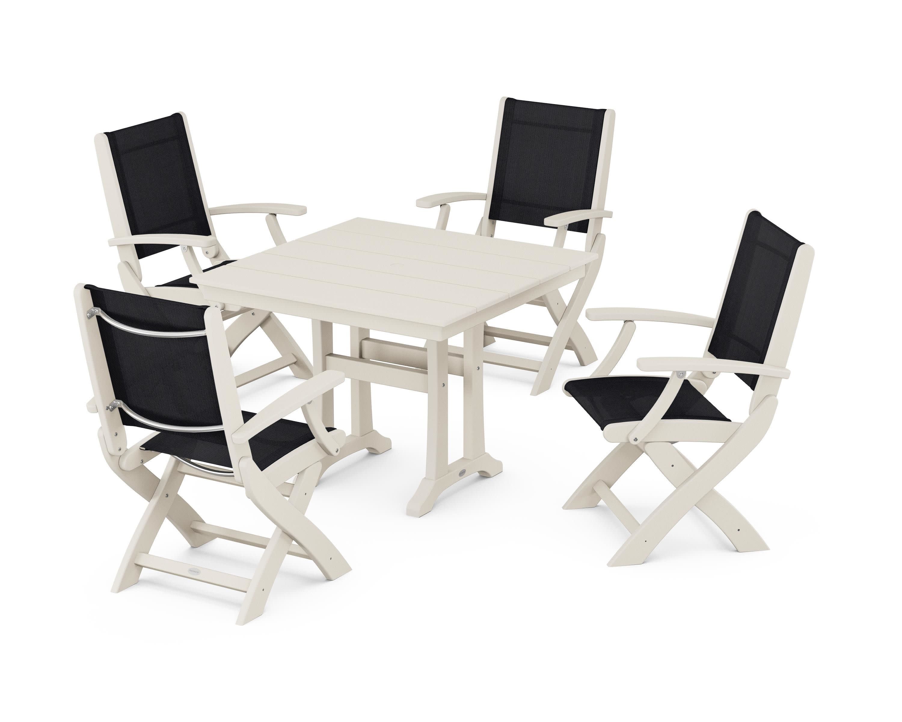 Coastal Folding Chair 5-Piece Farmhouse Dining Set With Trestle Legs in Sand / Black Sling