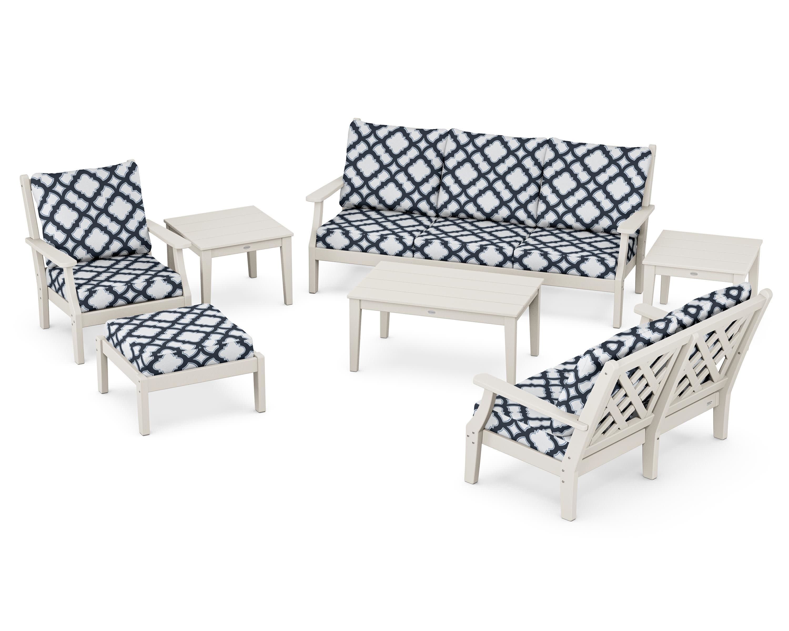 Wovendale 7-Piece Deep Seating Set in Sand / Trellis Marine Indigo