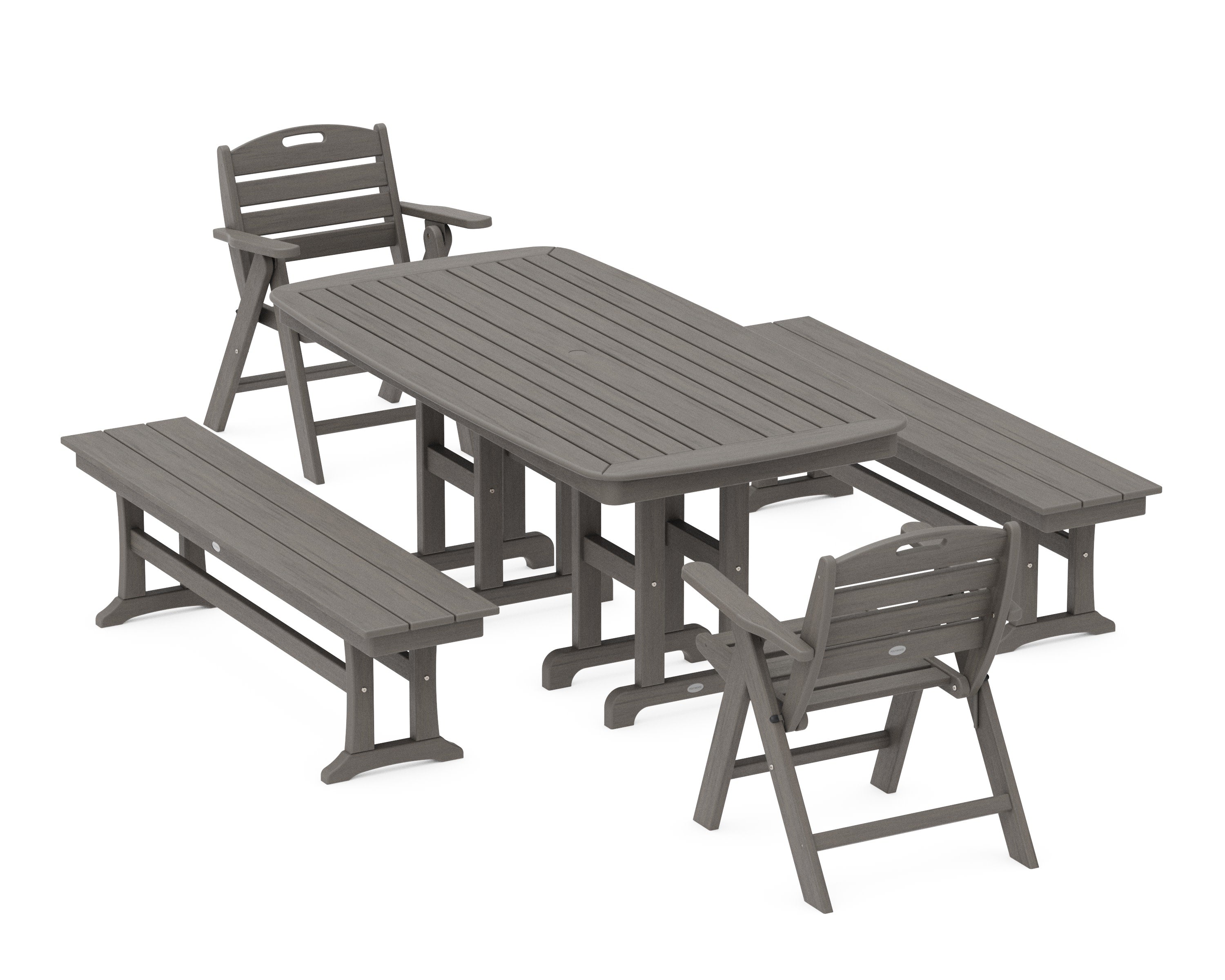 Nautical Lowback 5-Piece Dining Set with Benches in Driftwood
