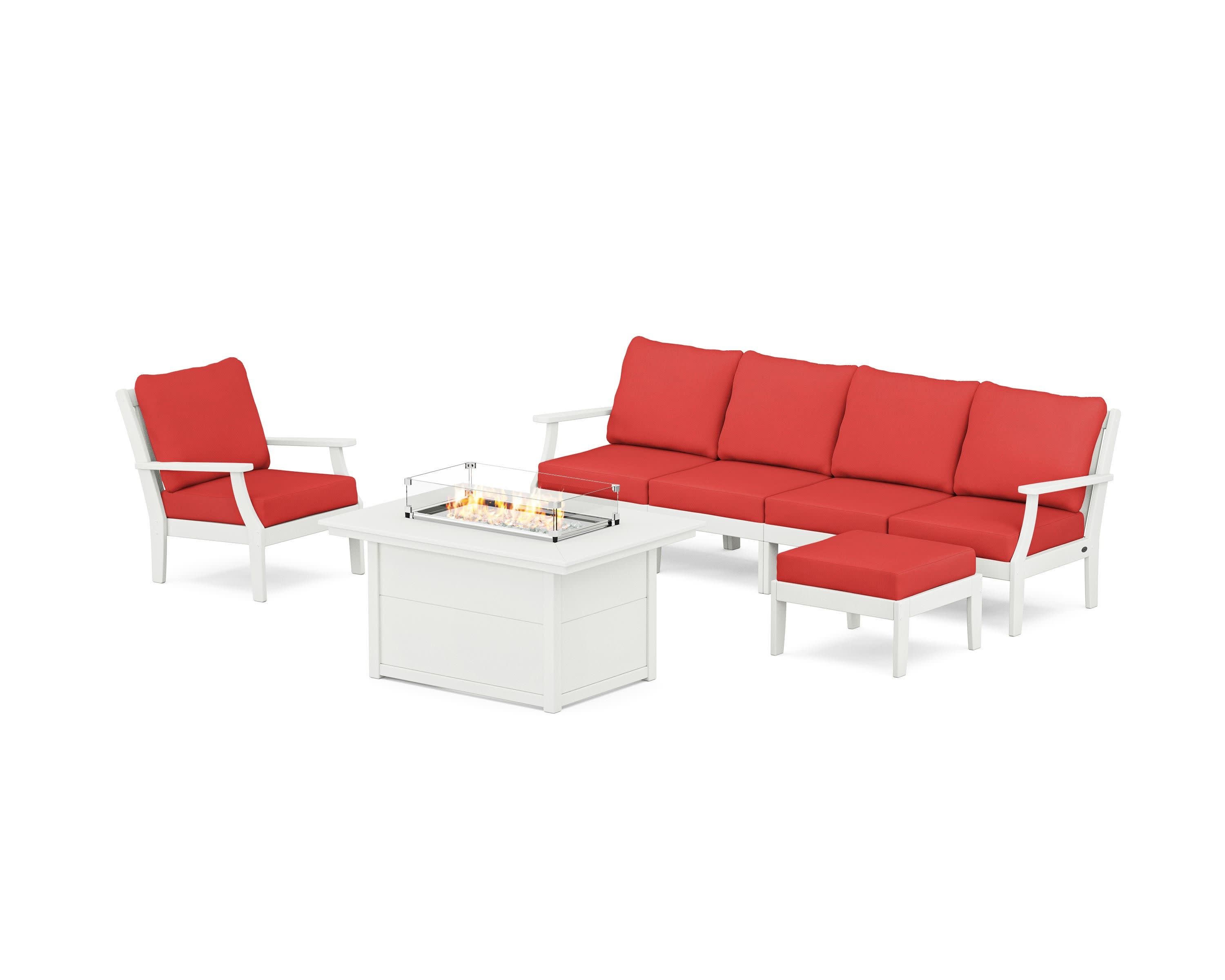 Braxton Sectional Lounge and Fire Pit Set in Vintage White / Crimson Linen