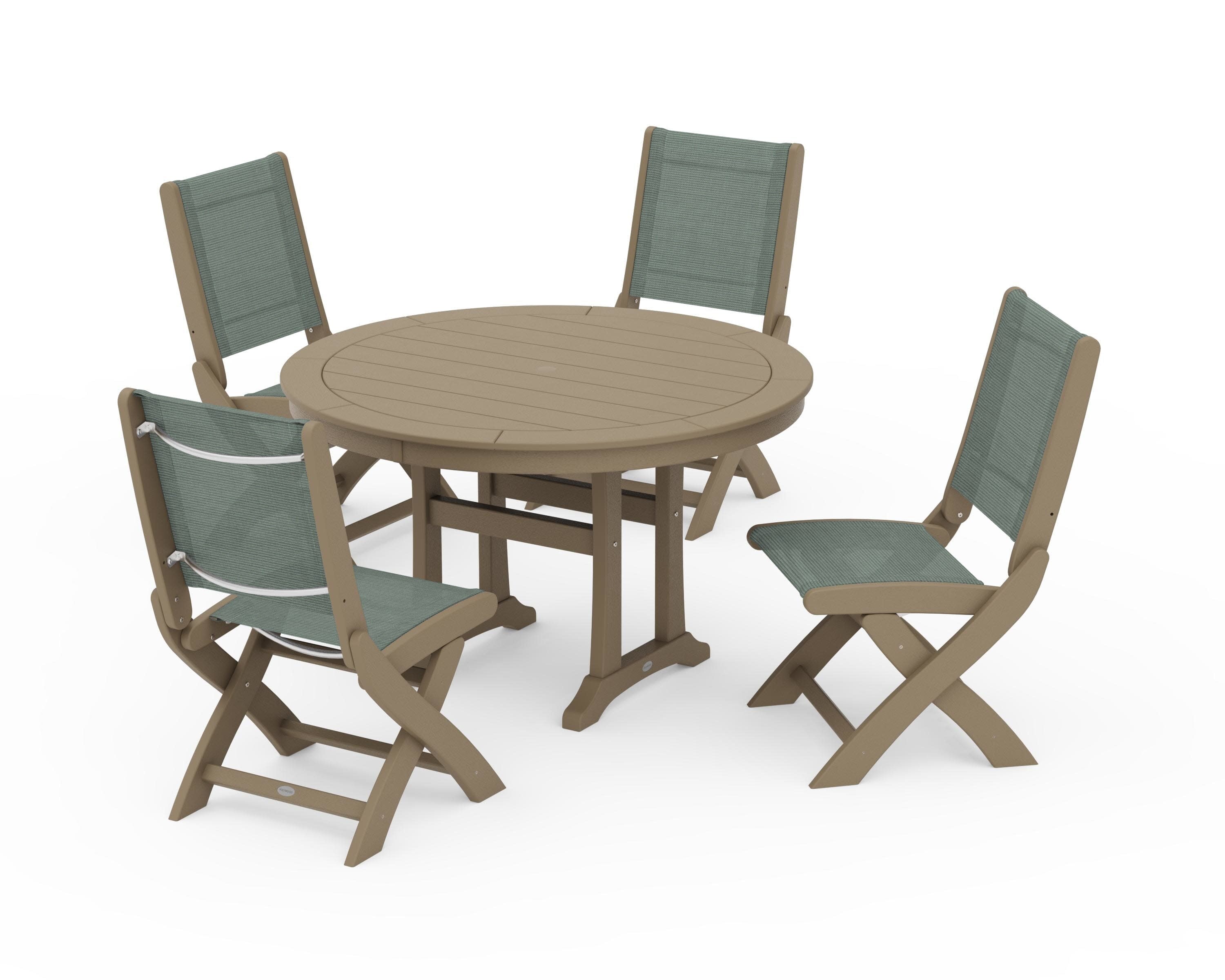 Coastal Folding Side Chair 5-Piece Round Dining Set With Trestle Legs in Vintage Sahara / Dupioni Sea Mist Sling