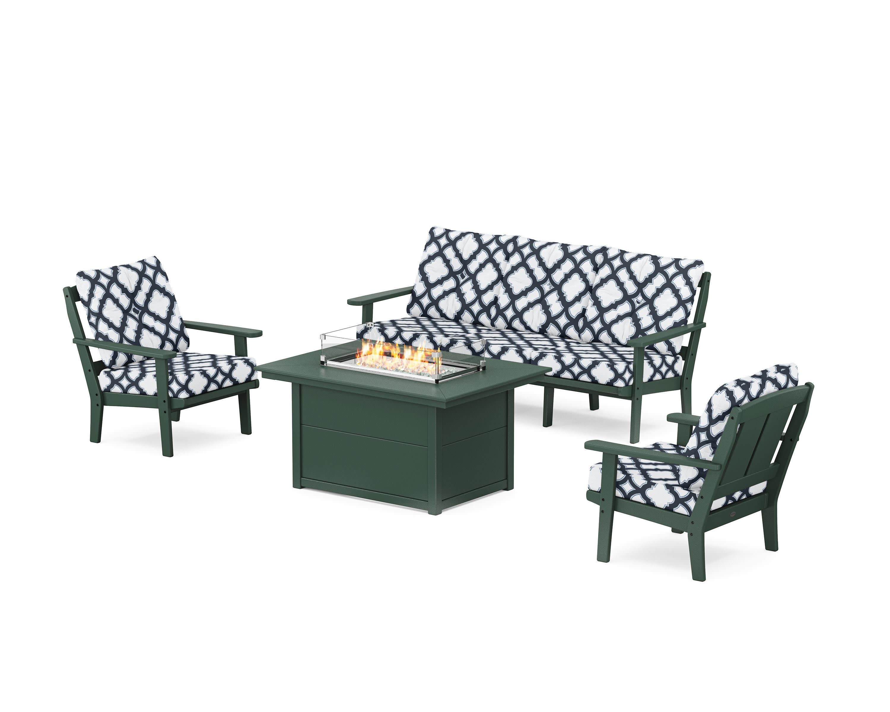 Mission Deep Seating Fire Pit Table Set in Green / Trellis Marine Indigo