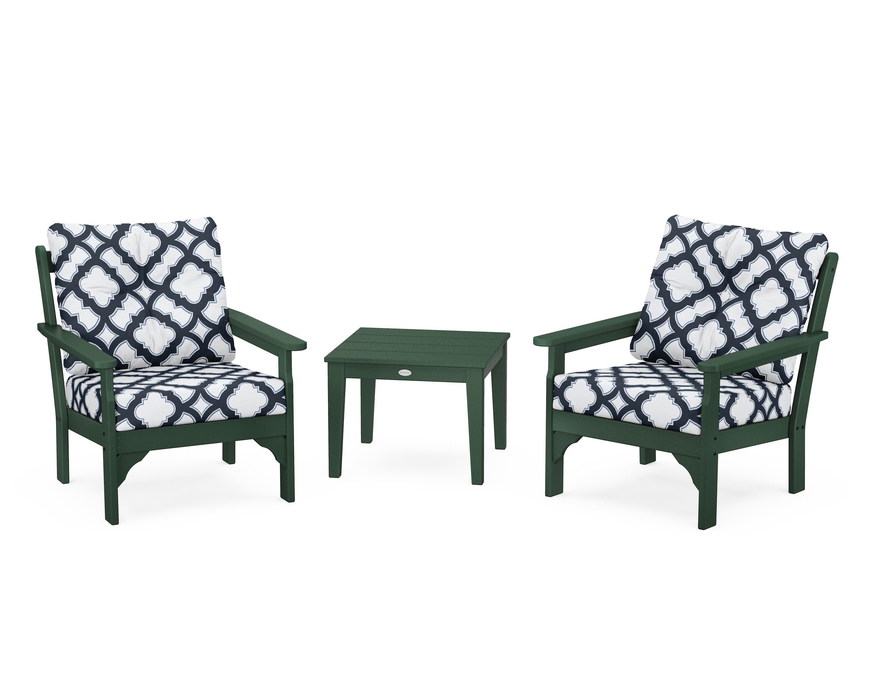 Vineyard 3-Piece Deep Seating Set in Green / Trellis Marine Indigo
