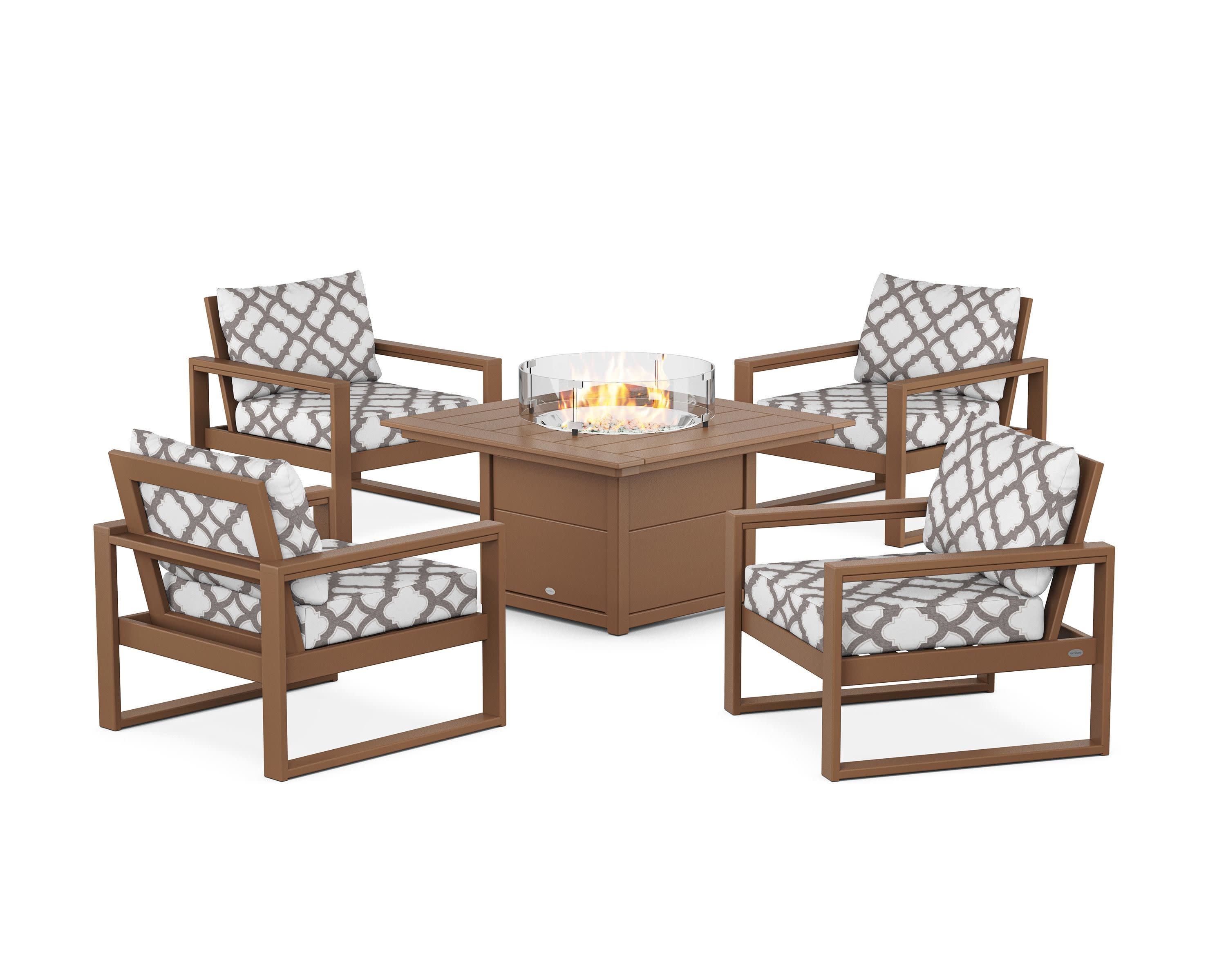 EDGE Sectional 5-Piece Deep Seating Set with Fire Pit Table in Teak / Trellis Grey Mist
