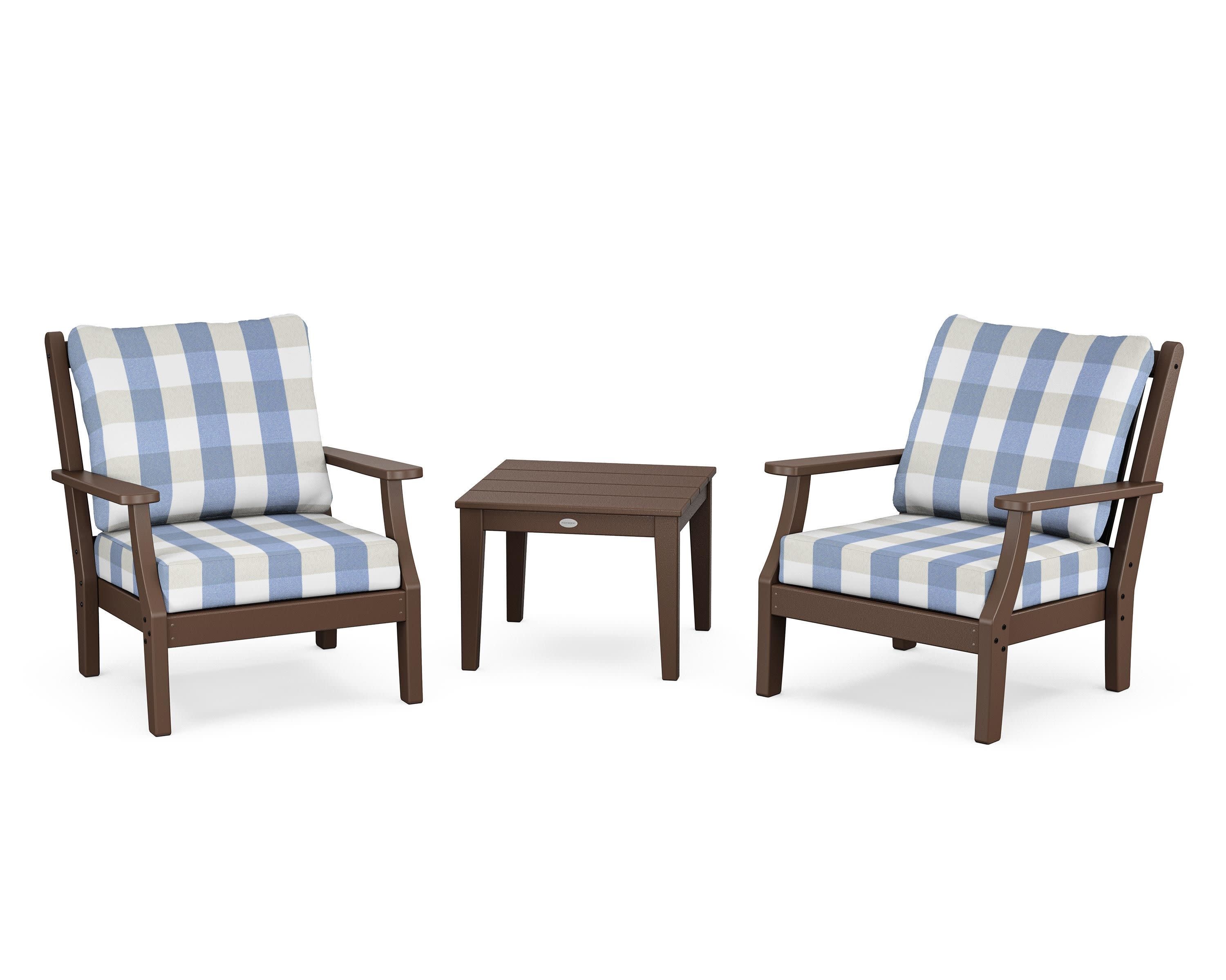 Wovendale 3-Piece Deep Seating Set in Mahogany / Buffalo Plaid Sky Blue