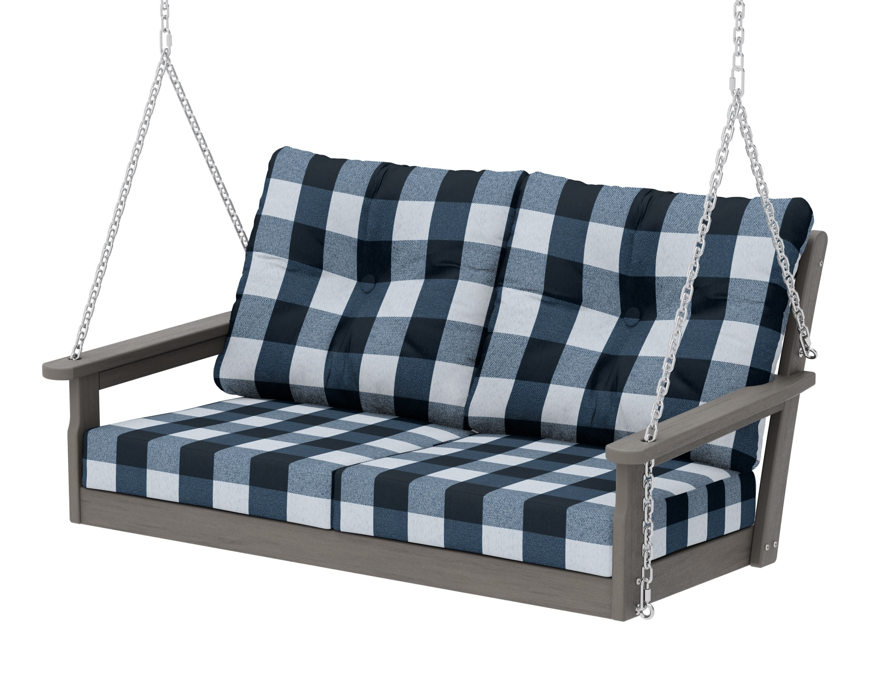 Vineyard Deep Seating Swing in Driftwood / Buffalo Plaid Marine Indigo