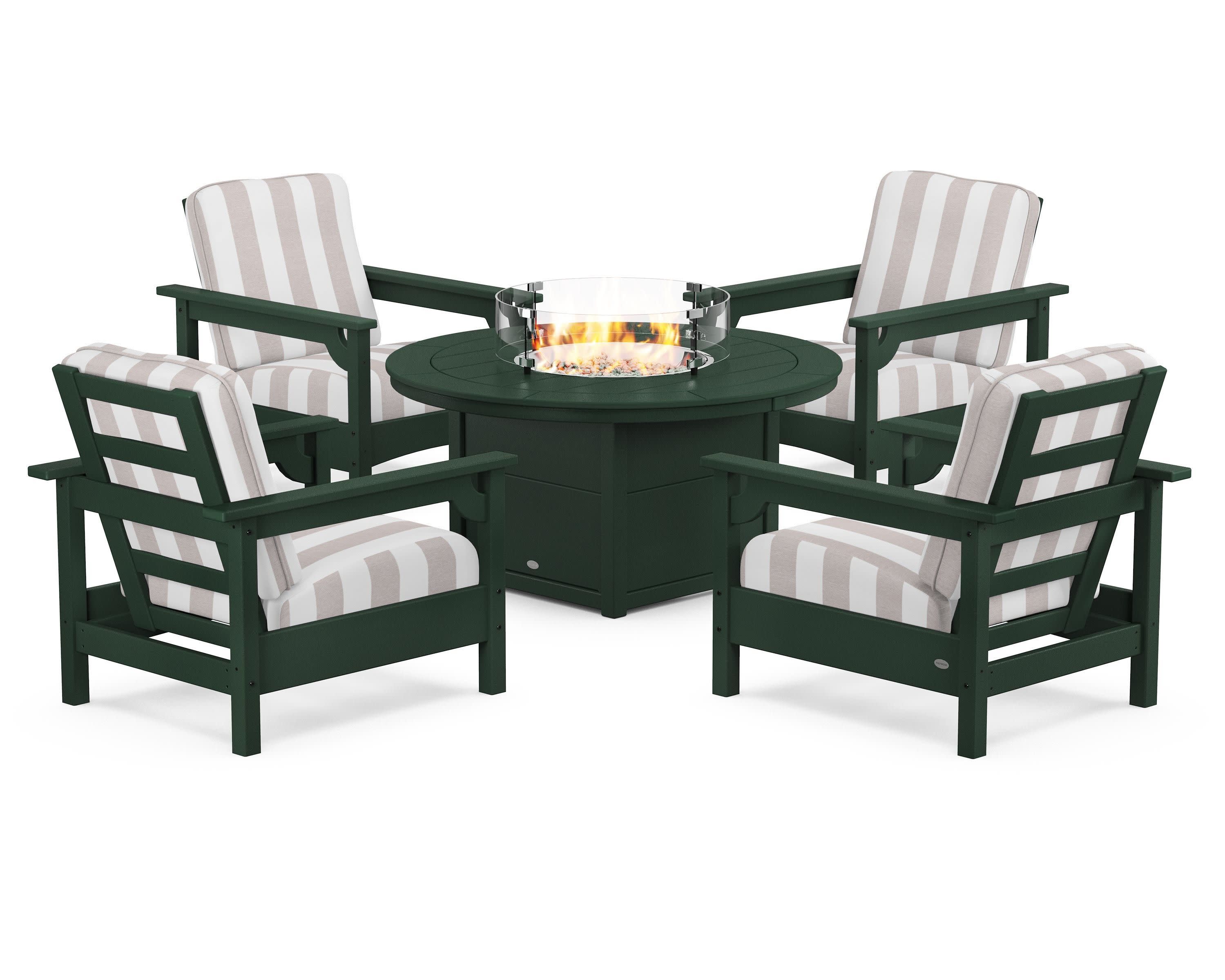 Club 5-Piece Conversation Set with Fire Pit Table in Green / Cabana Stripe Dune Burlap
