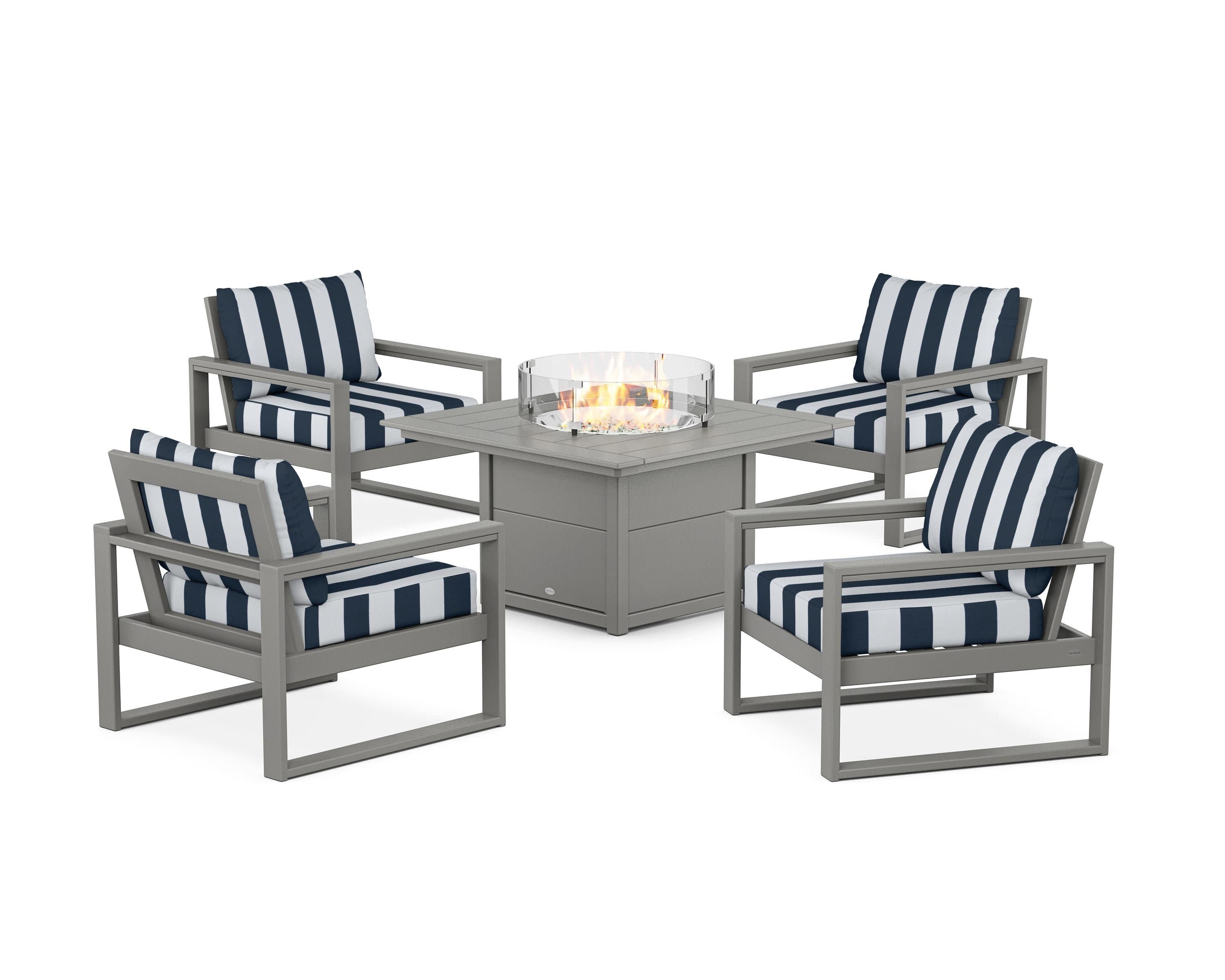 EDGE Sectional 5-Piece Deep Seating Set with Fire Pit Table in Slate Grey / Cabana Stripe Marine Indigo