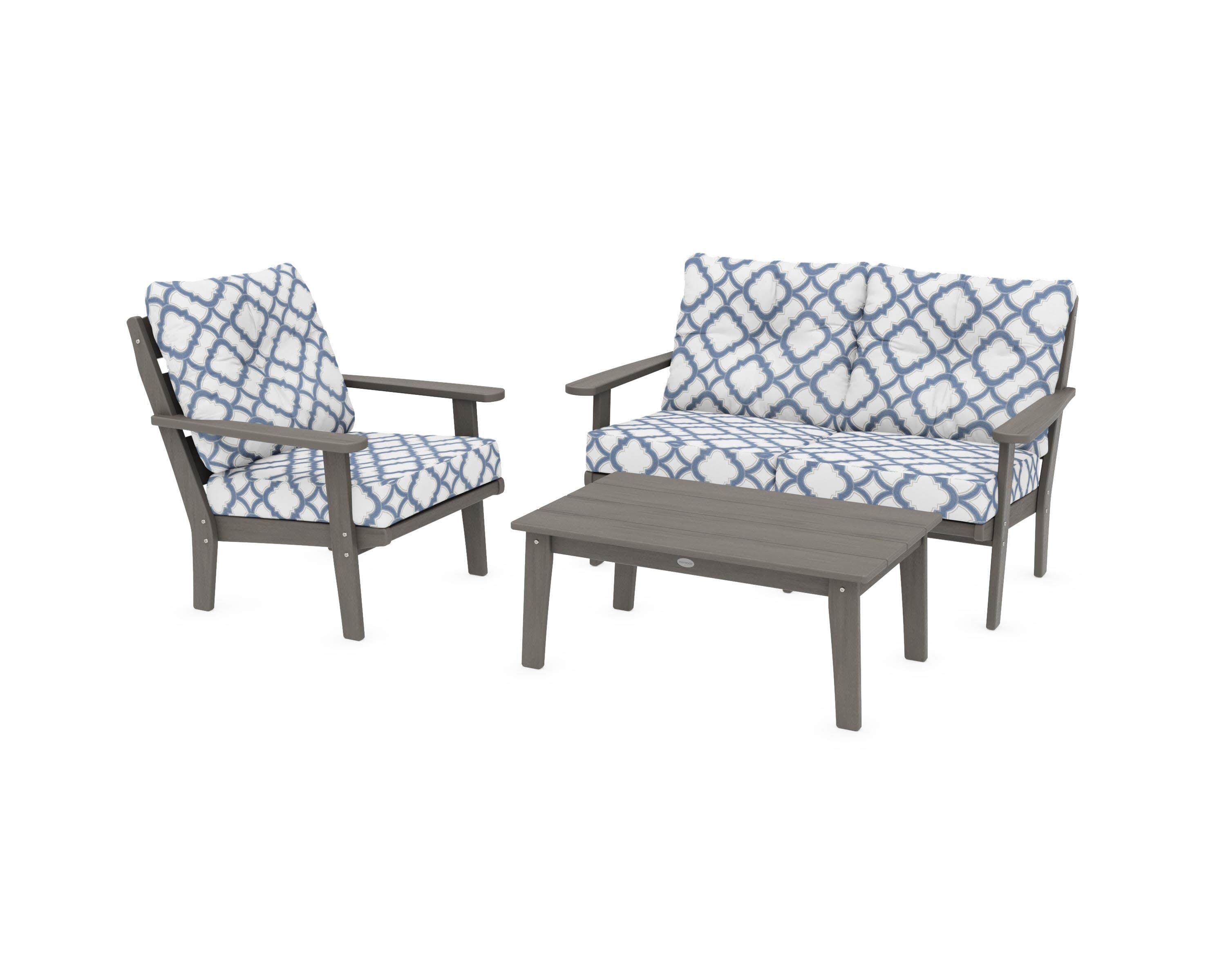 Lakeside 3-Piece Deep Seating Set in Driftwood / Trellis Sky Blue