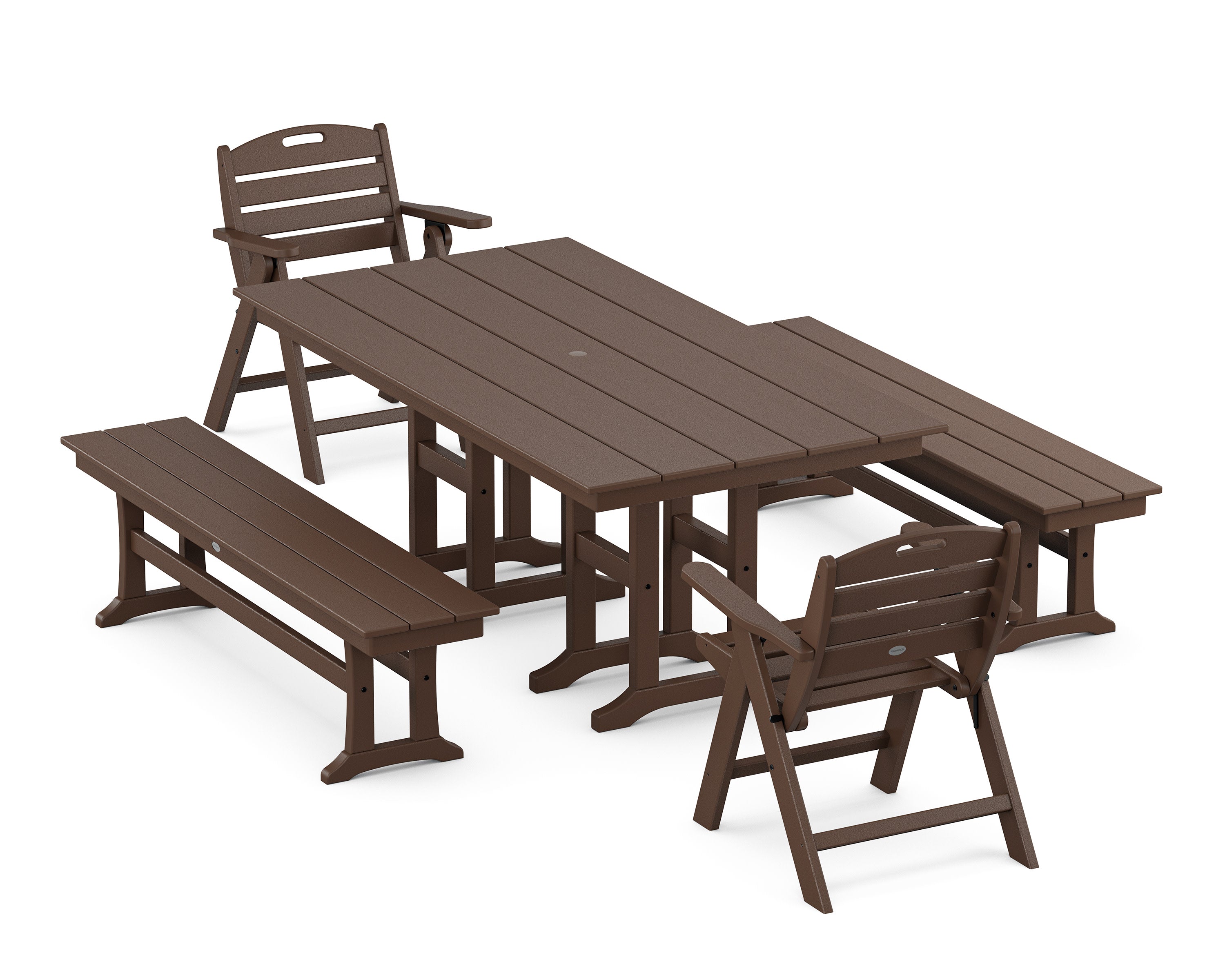 Nautical Lowback 5-Piece Farmhouse Dining Set with Benches in Mahogany