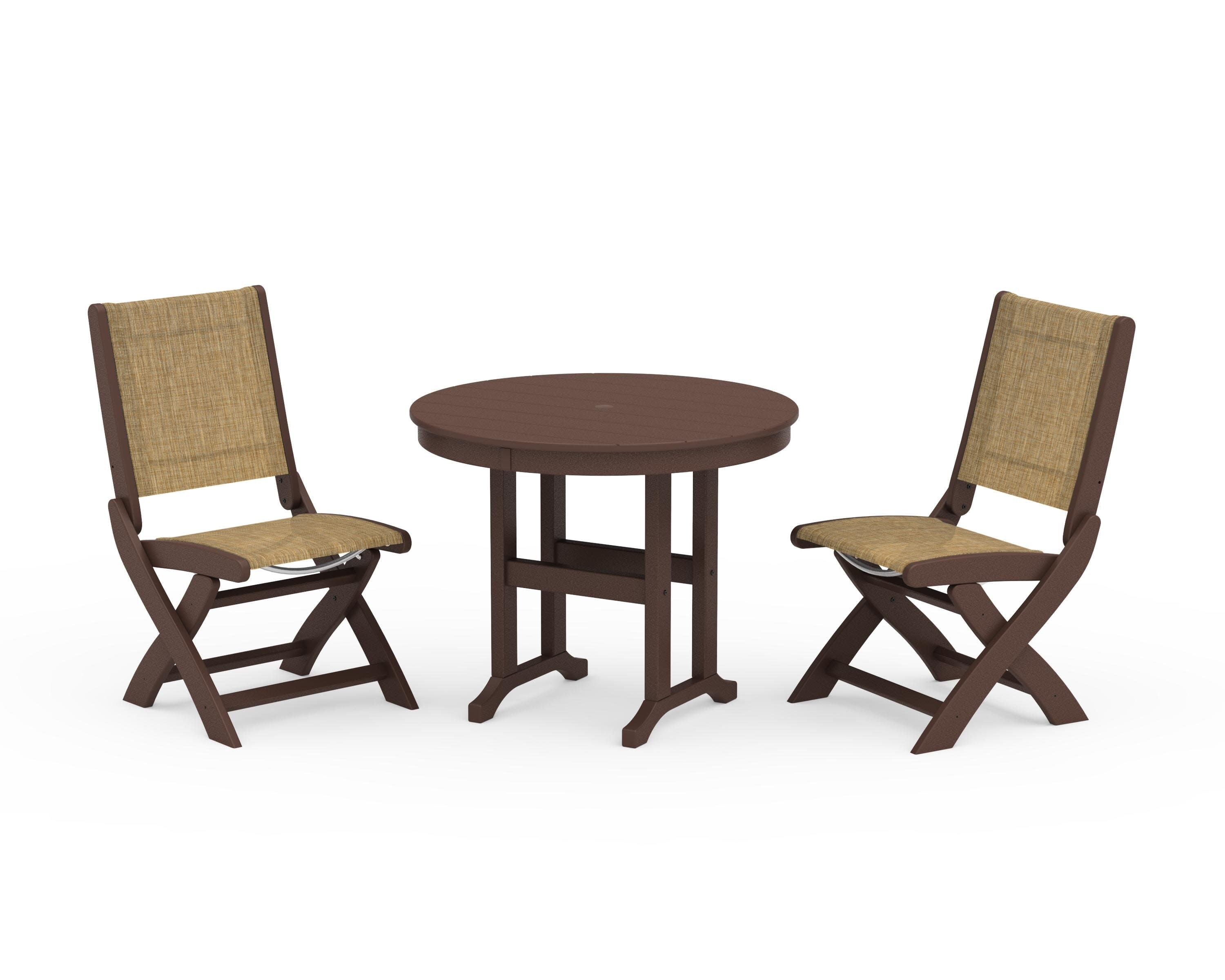 Coastal Folding Side Chair 3-Piece Round Dining Set in Mahogany / Burlap Sling