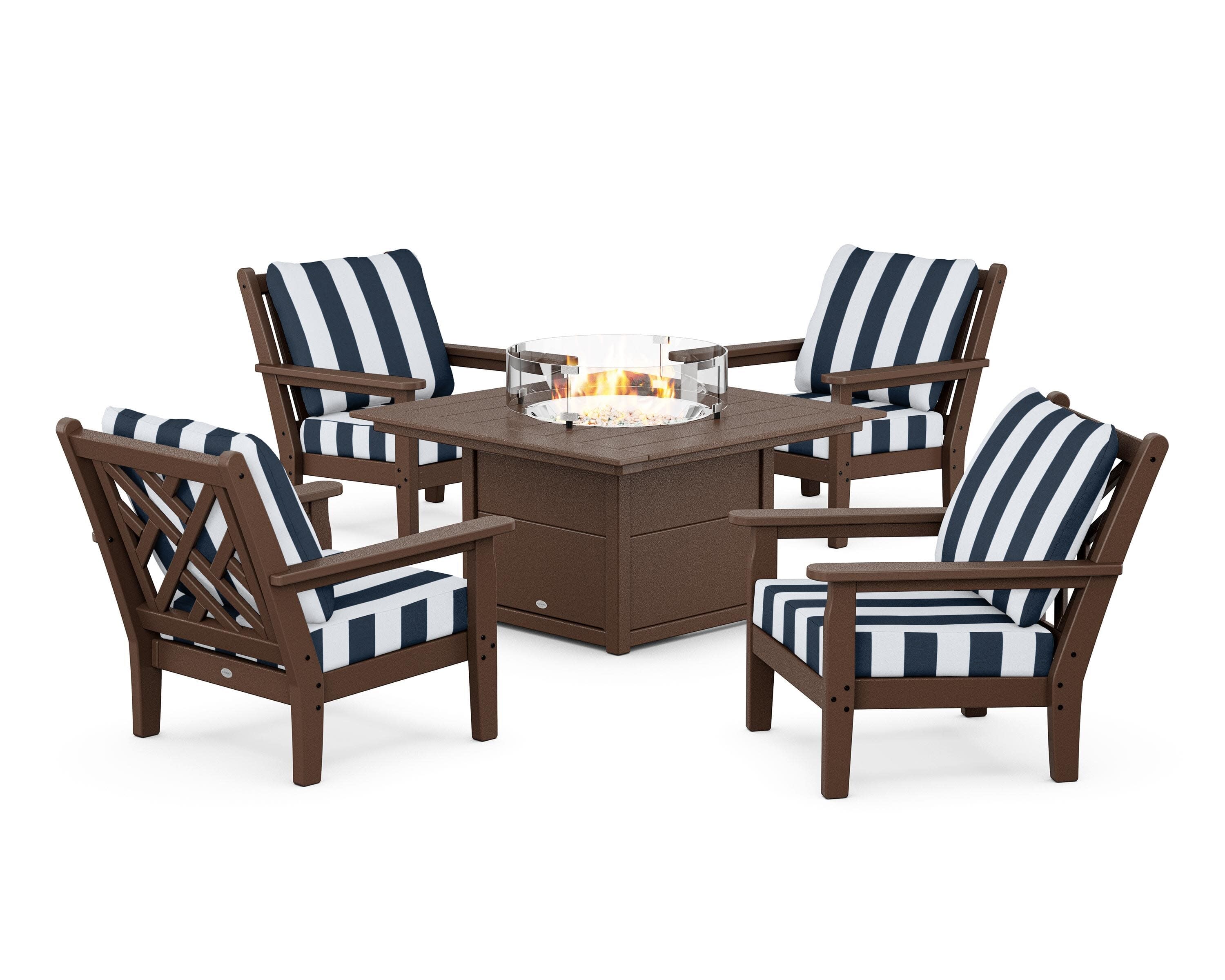 Chippendale 5-Piece Deep Seating Set with Fire Pit Table in Mahogany / Cabana Stripe Marine Indigo