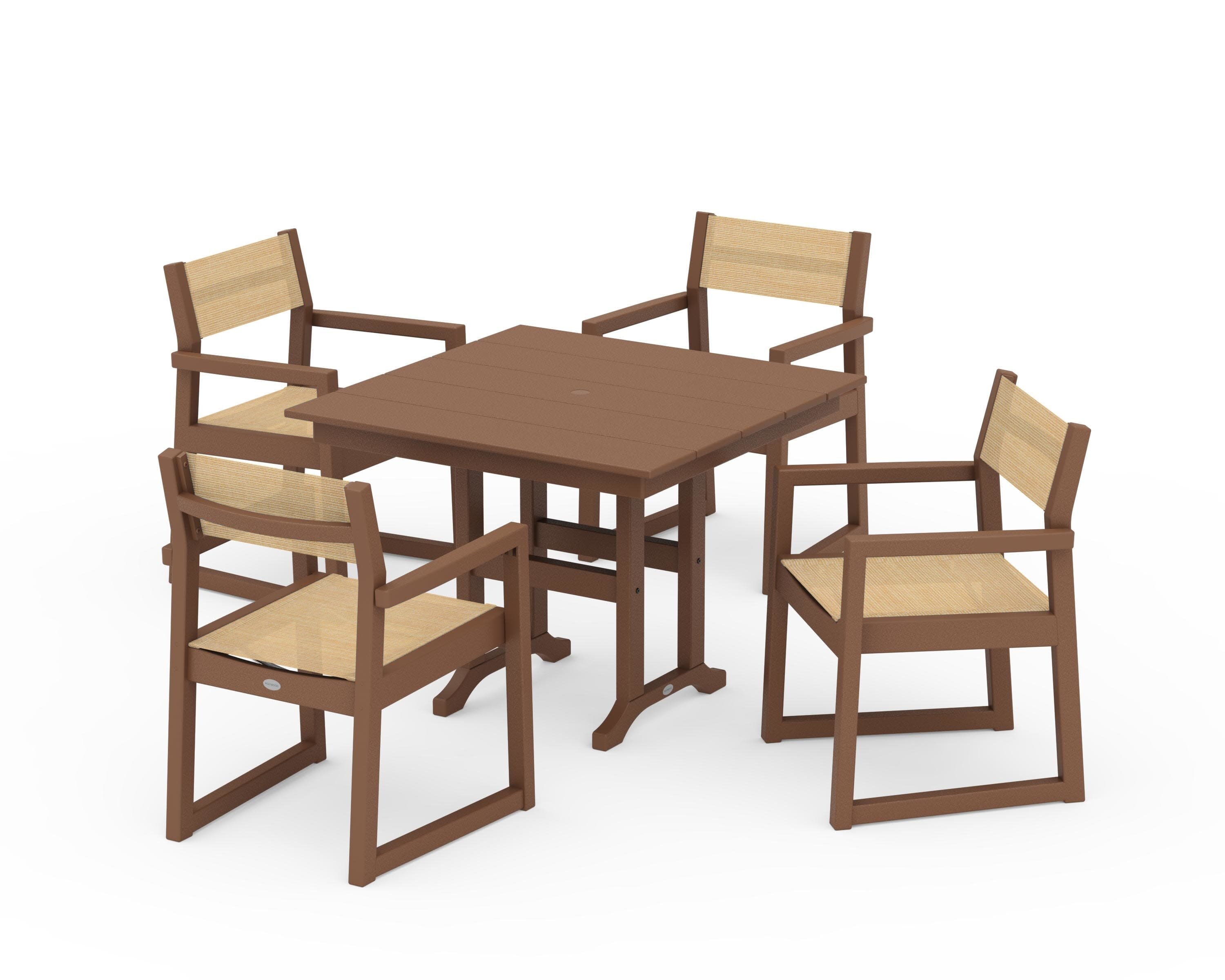 EDGE Sling Arm Chair 5-Piece Farmhouse Dining Set in Teak / Dupioni Apricot Sling