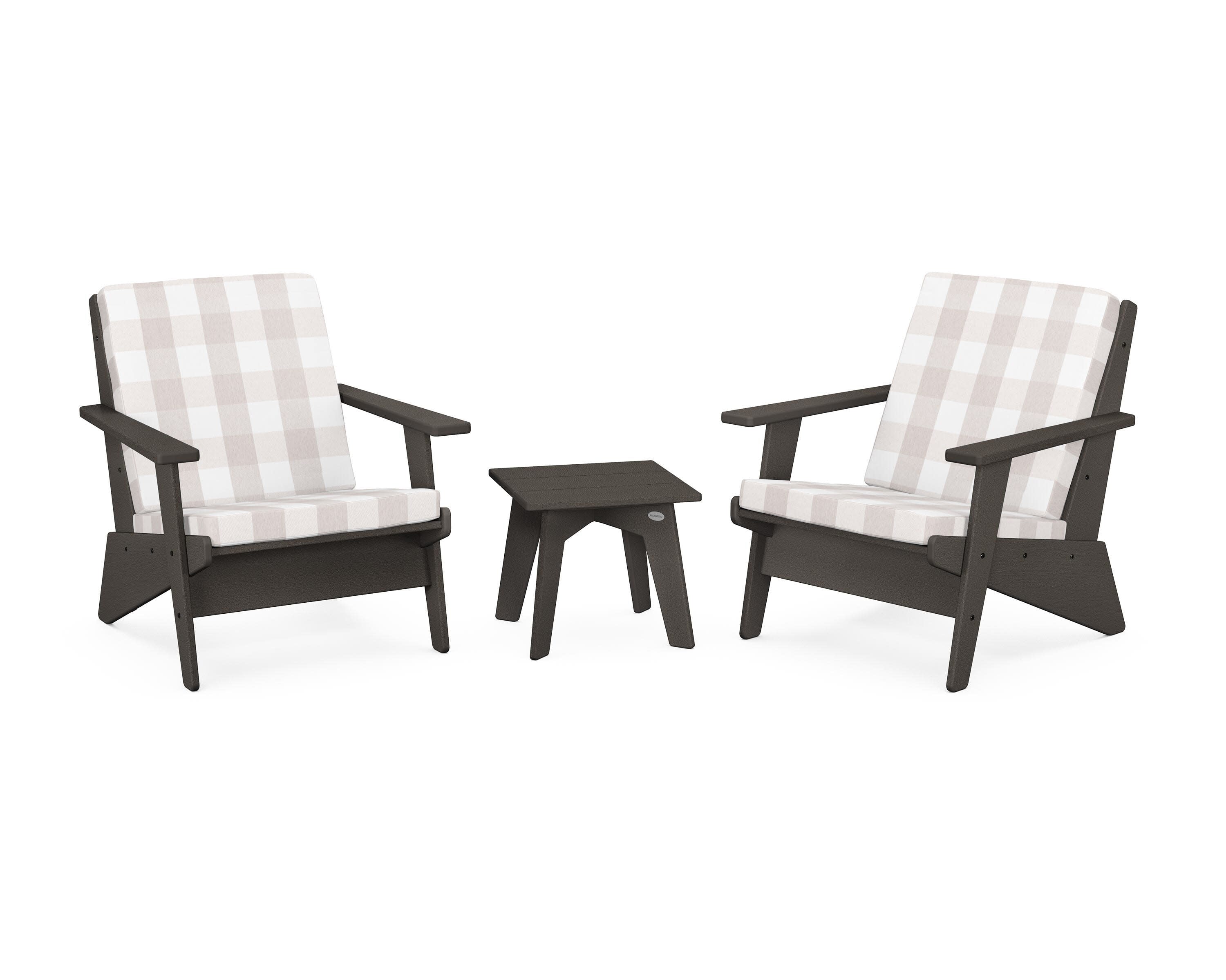 Riviera Modern Lounge 3-Piece Set in Vintage Coffee / Buffalo Plaid Dune Burlap