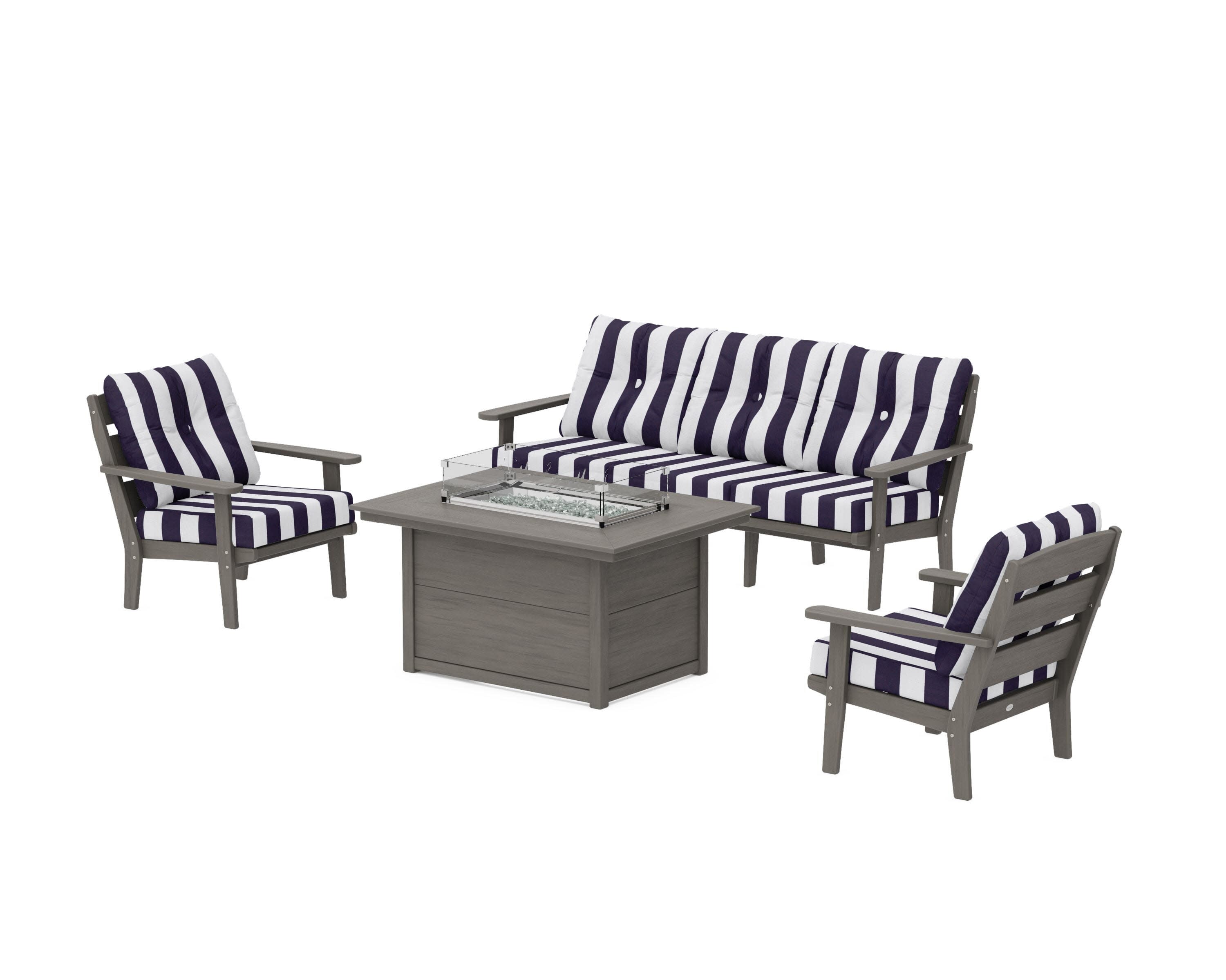 Lakeside Deep Seating Fire Pit Table Set in Driftwood / Cabana Stripe Navy