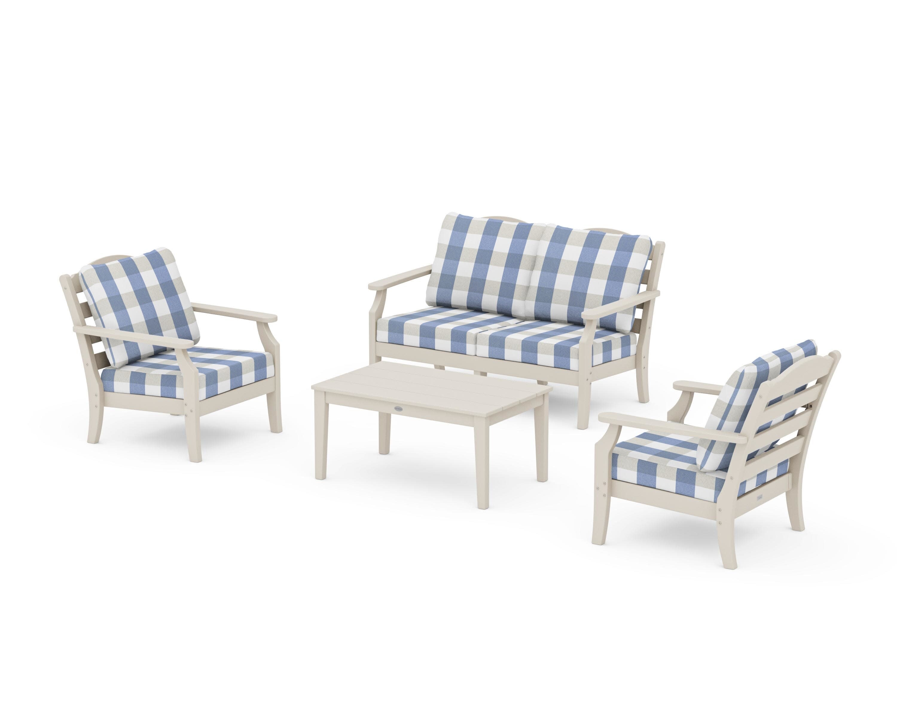 Savannah 4-Piece Deep Seating Set with Loveseat in Sand / Buffalo Plaid Sky Blue