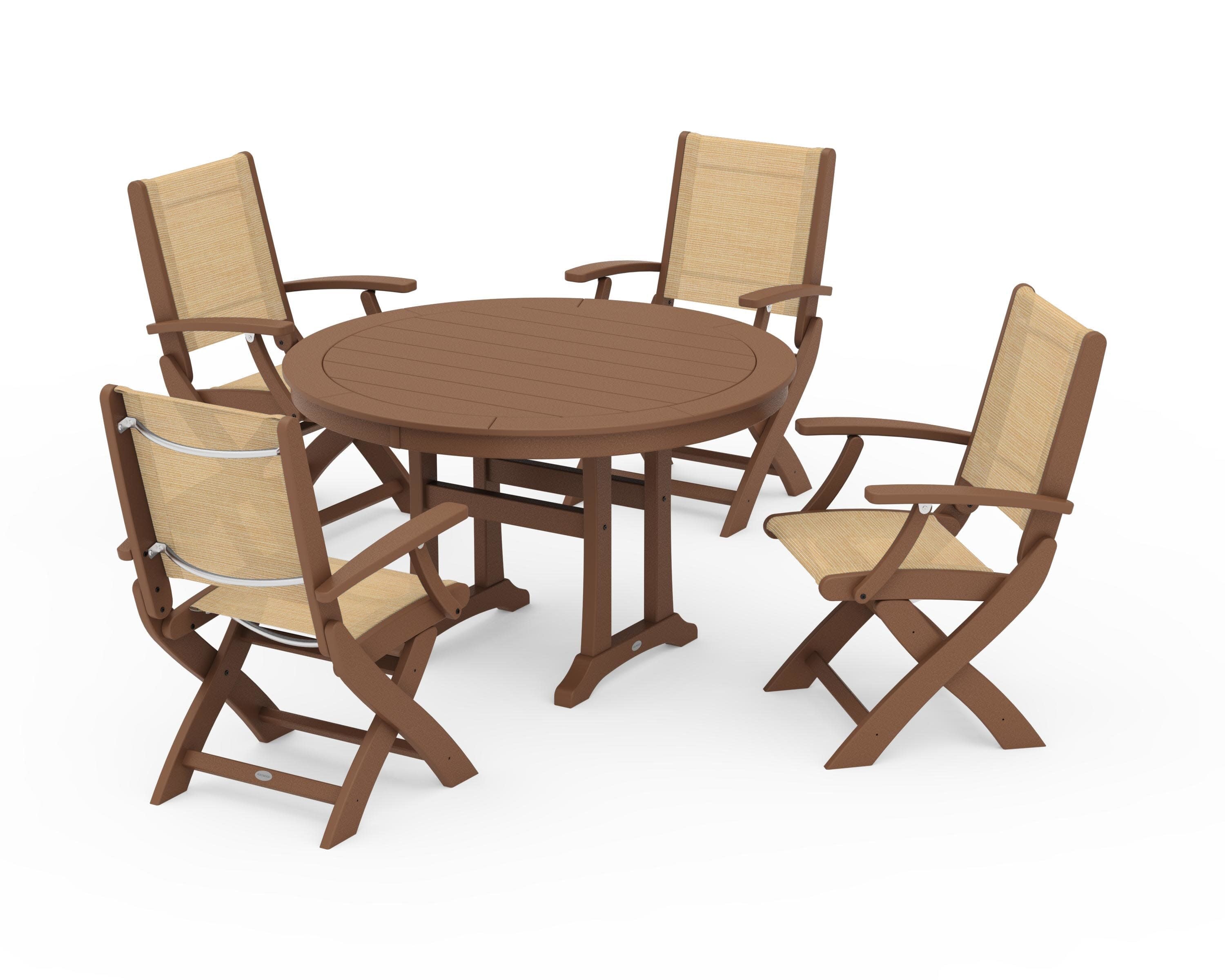 Coastal Folding Chair 5-Piece Round Dining Set with Trestle Legs in Teak / Dupioni Apricot Sling