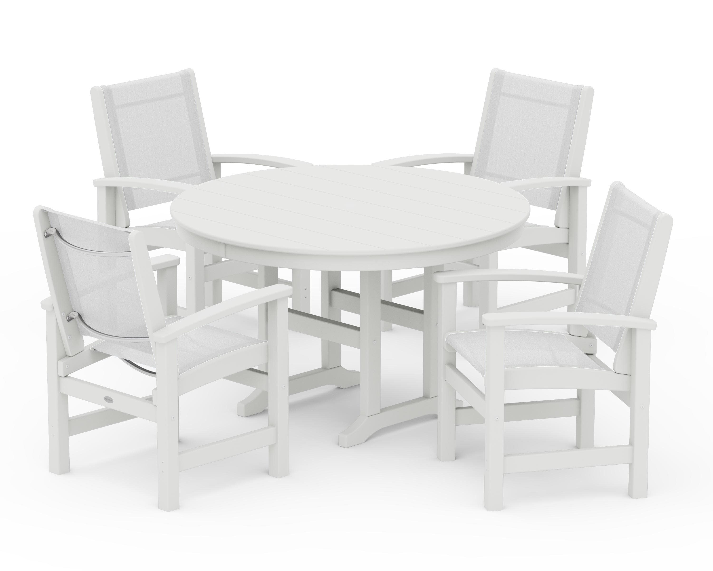 Coastal 5-Piece Round Farmhouse Dining Set in Vintage White / White Sling