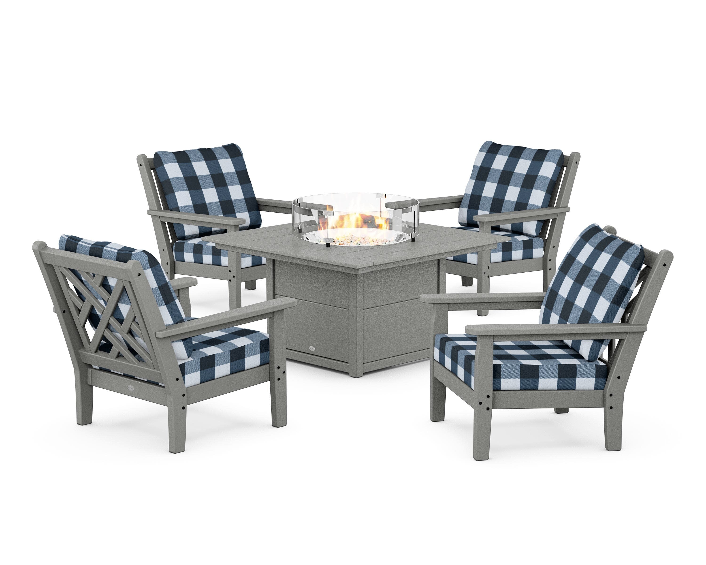 Chippendale 5-Piece Deep Seating Set with Fire Pit Table in Slate Grey / Buffalo Plaid Marine Indigo