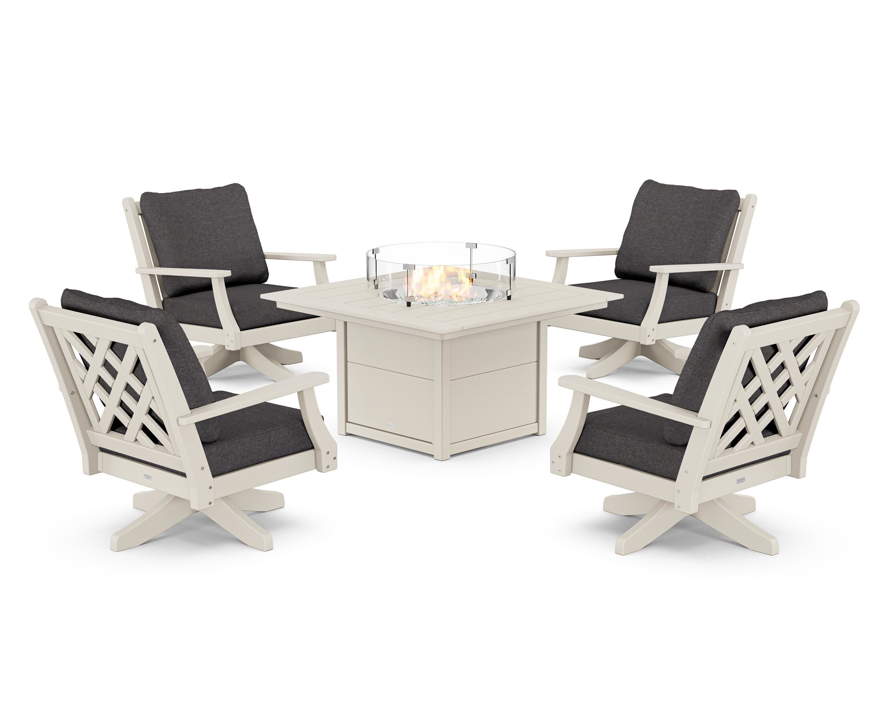 Wovendale 5-Piece Deep Seating Swivel Conversation Set with Fire Pit Table in Sand / Ash Charcoal