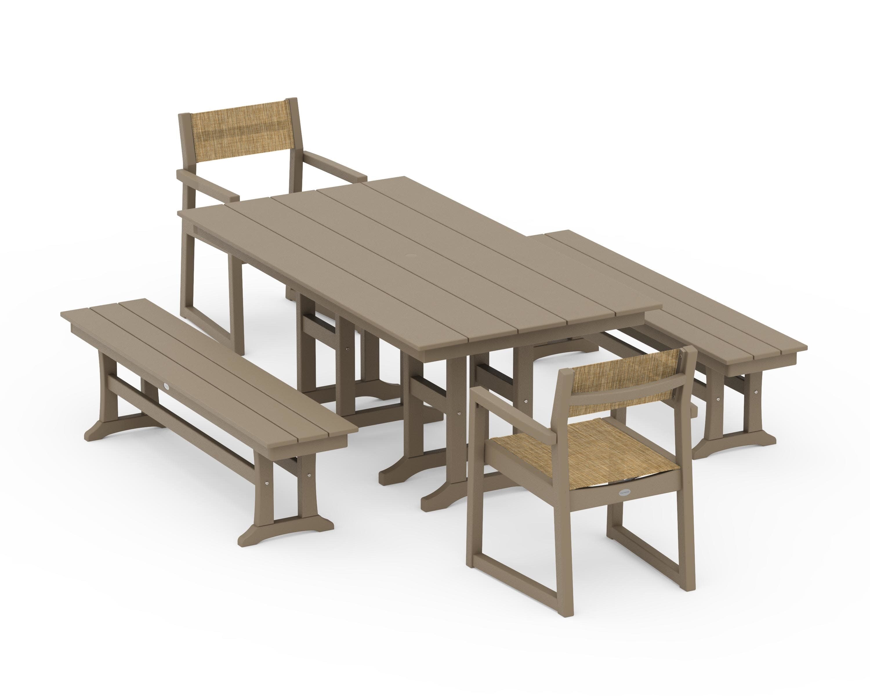 EDGE Sling Arm Chair 5-Piece Farmhouse Dining Set with Benches in Vintage Sahara / Burlap Sling