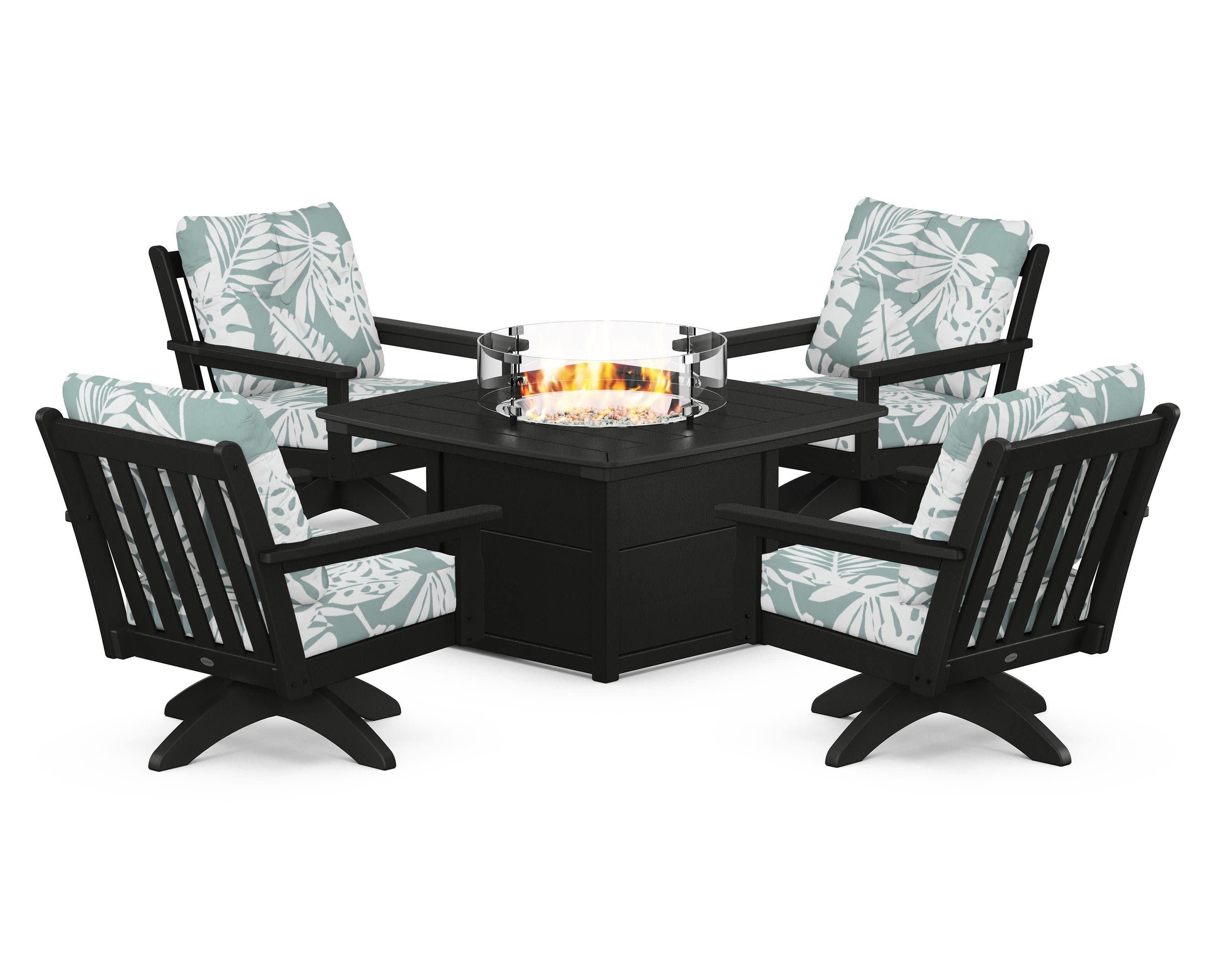 Vineyard 5-Piece Deep Seating Swivel Conversation Set with Fire Pit Table in Black / Leaf Glacier Spa