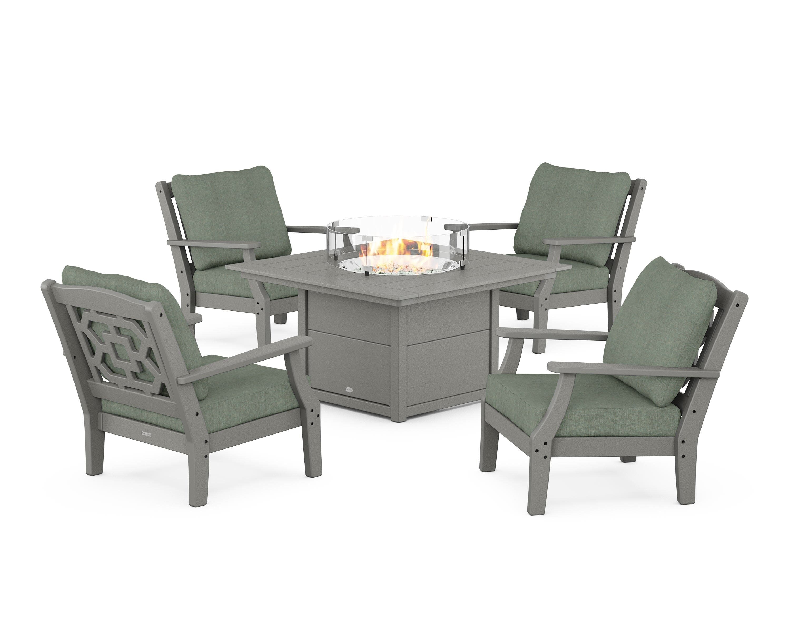 Chinoiserie 5-Piece Deep Seating Set with Fire Pit Table in Slate Grey / Cast Sage