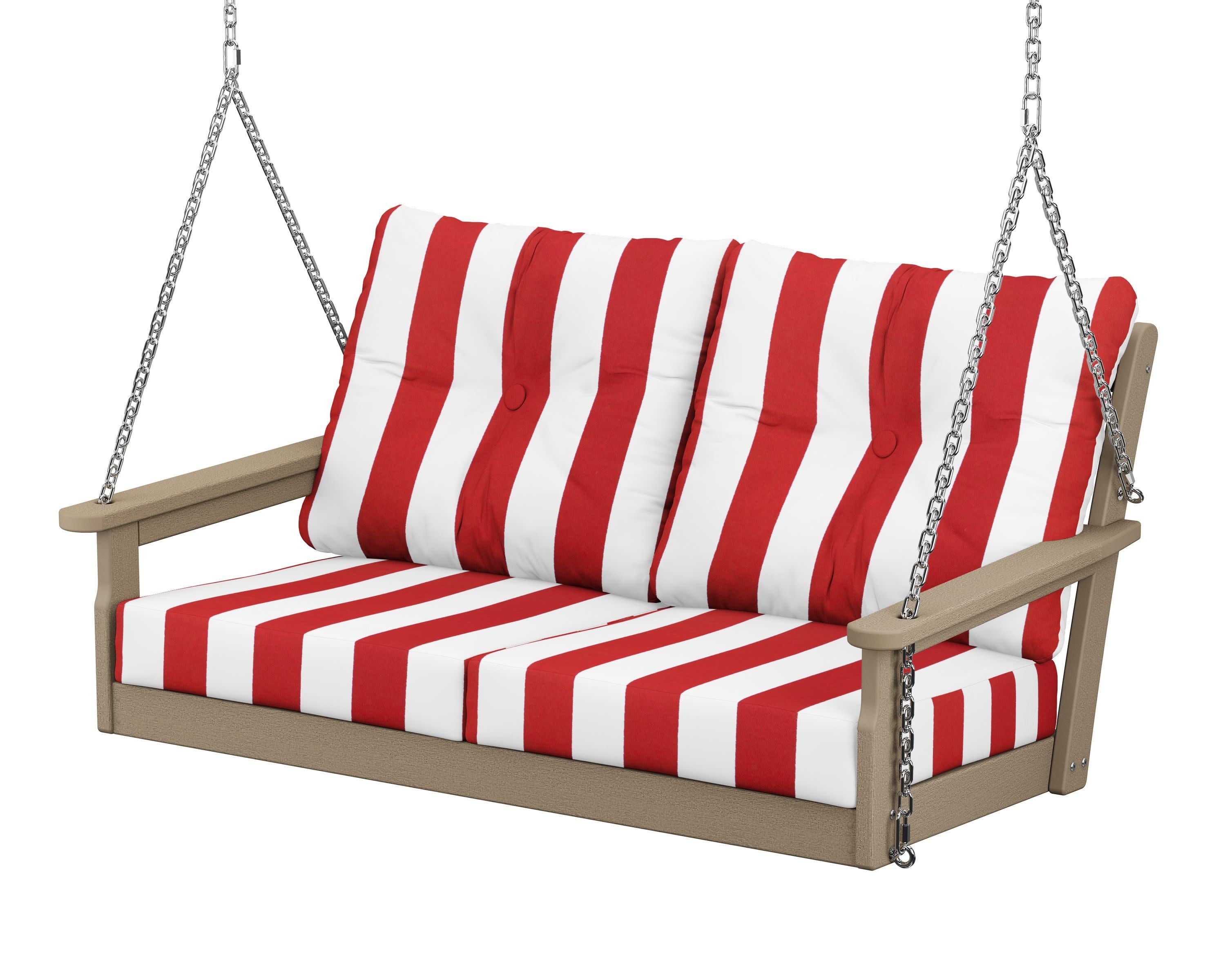 Vineyard Deep Seating Swing in Vintage Sahara / Cabana Stripe Crimson