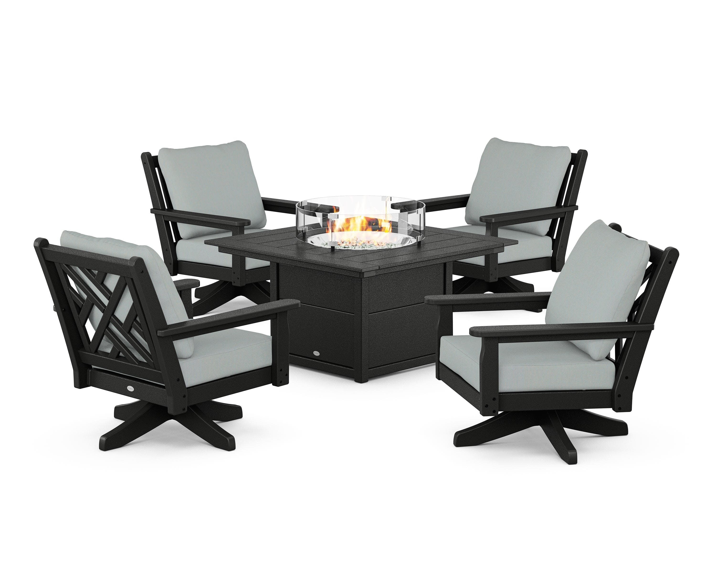 Chippendale 5-Piece Deep Seating Swivel Conversation Set with Fire Pit Table in Black / Spa