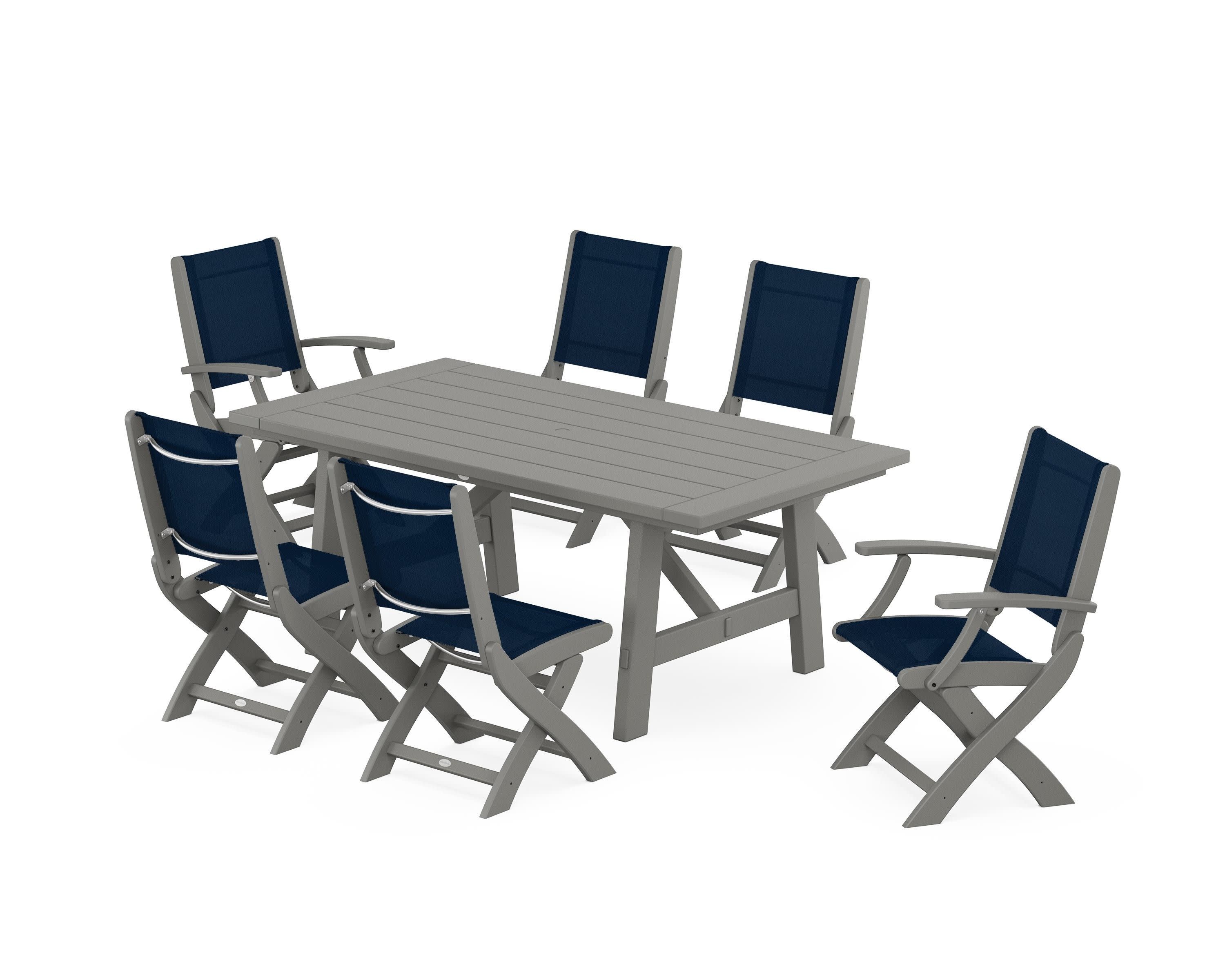 Coastal Folding Chair 7-Piece Rustic Farmhouse Dining Set in Slate Grey / Navy Blue Sling