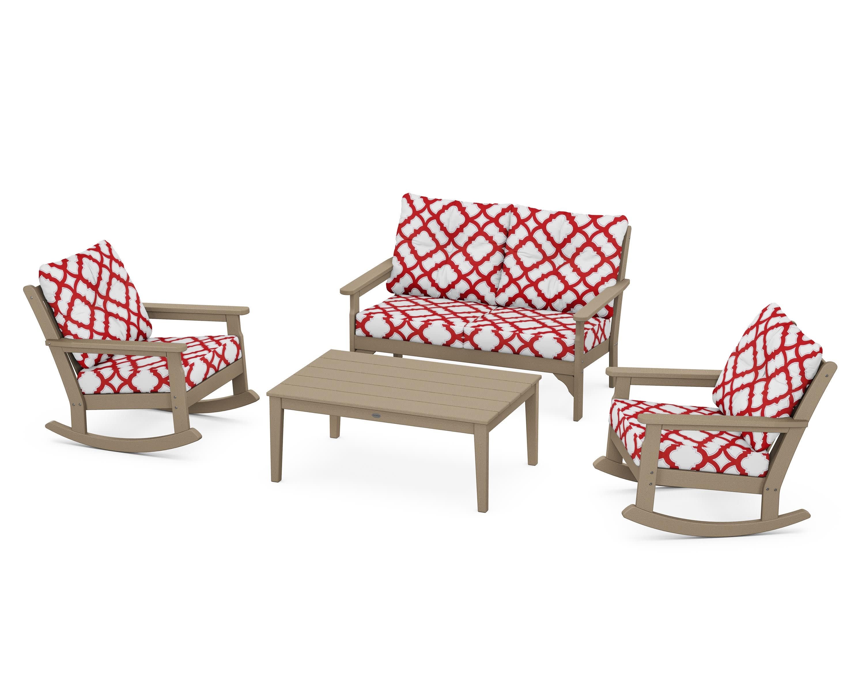 Vineyard 4-Piece Deep Seating Rocking Chair Set in Vintage Sahara / Trellis Crimson
