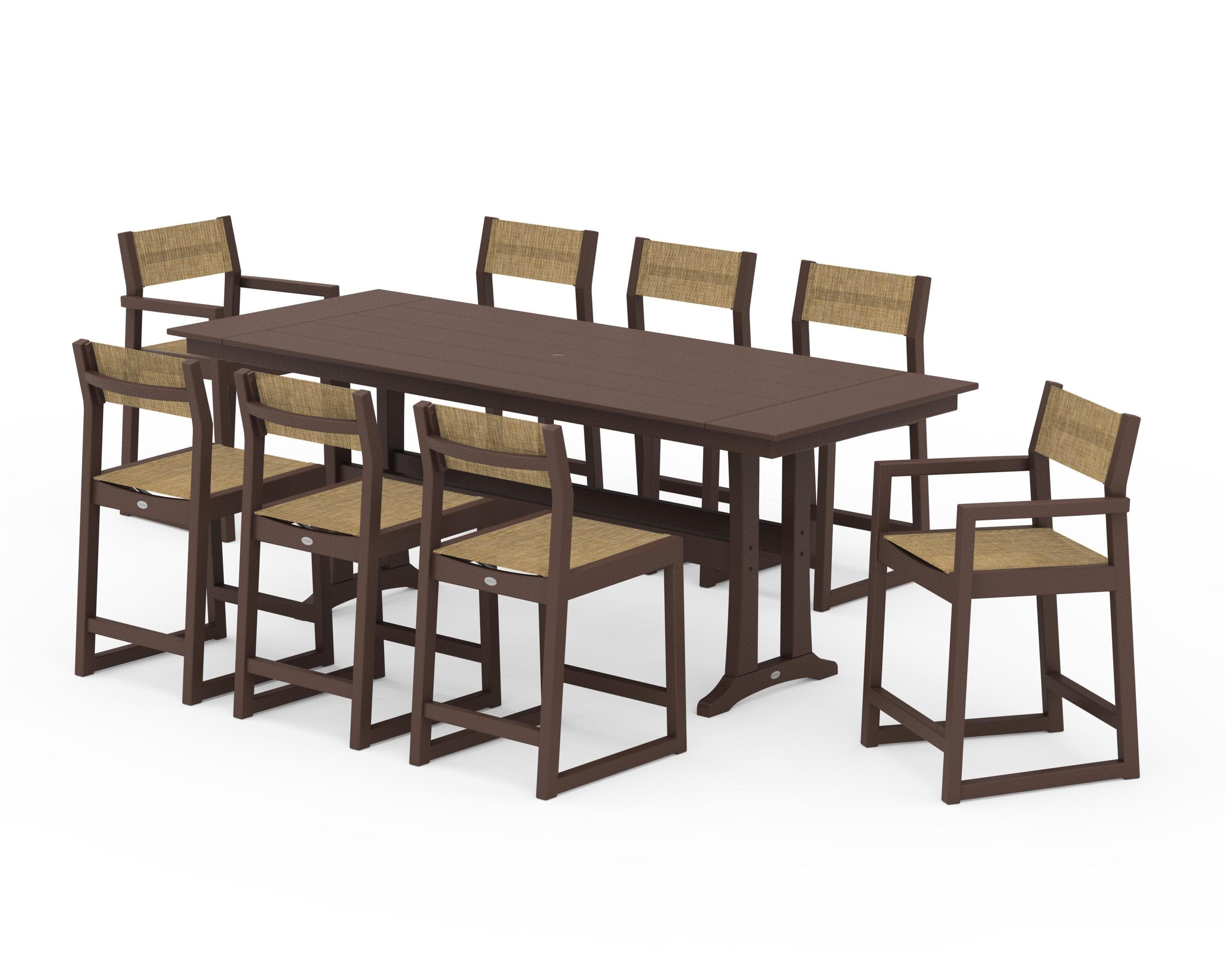 EDGE Sling 9-Piece Farmhouse Counter Set with Trestle Legs in Mahogany / Burlap Sling