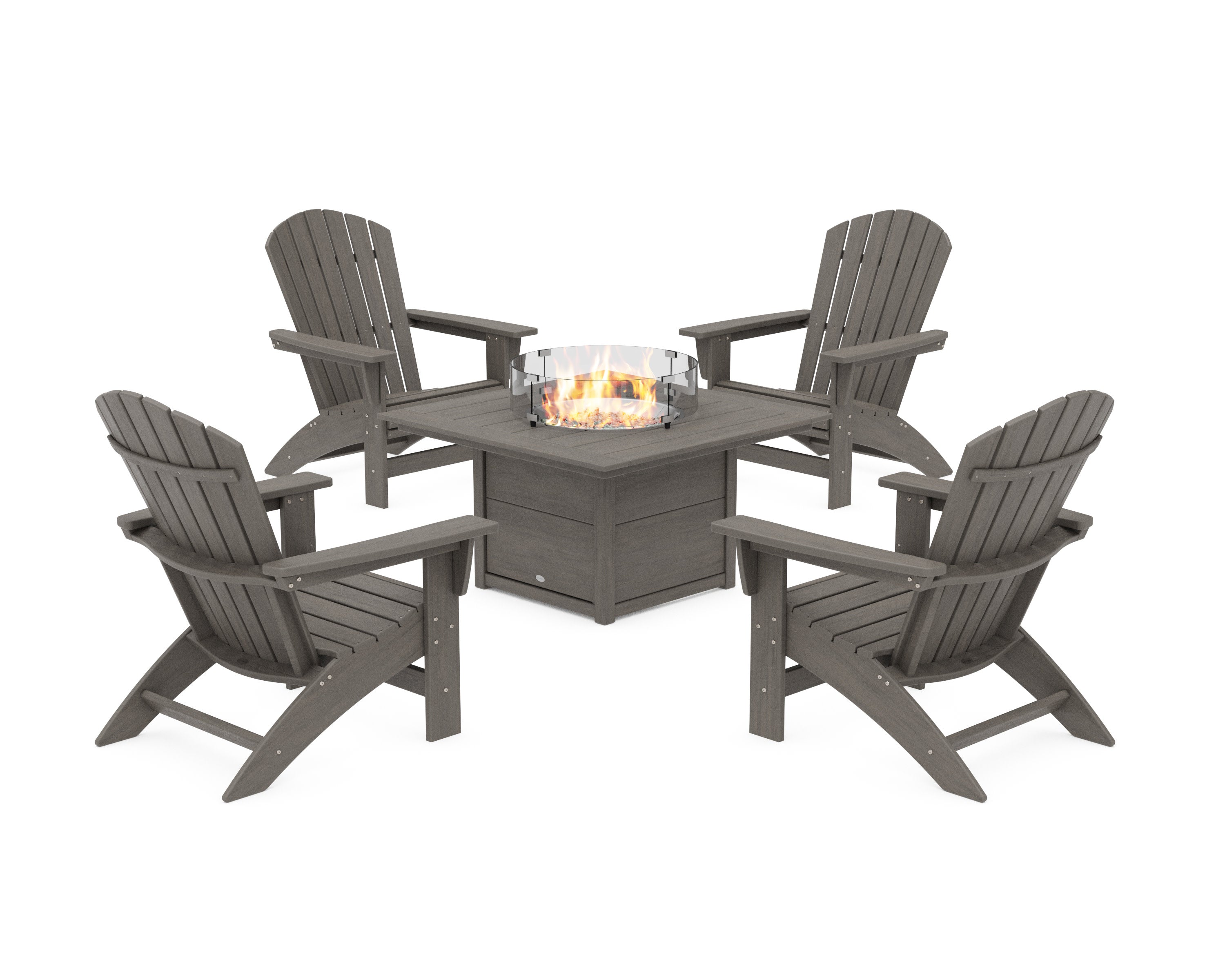 5-Piece Nautical Grand Adirondack Conversation Set with Fire Pit Table in Driftwood