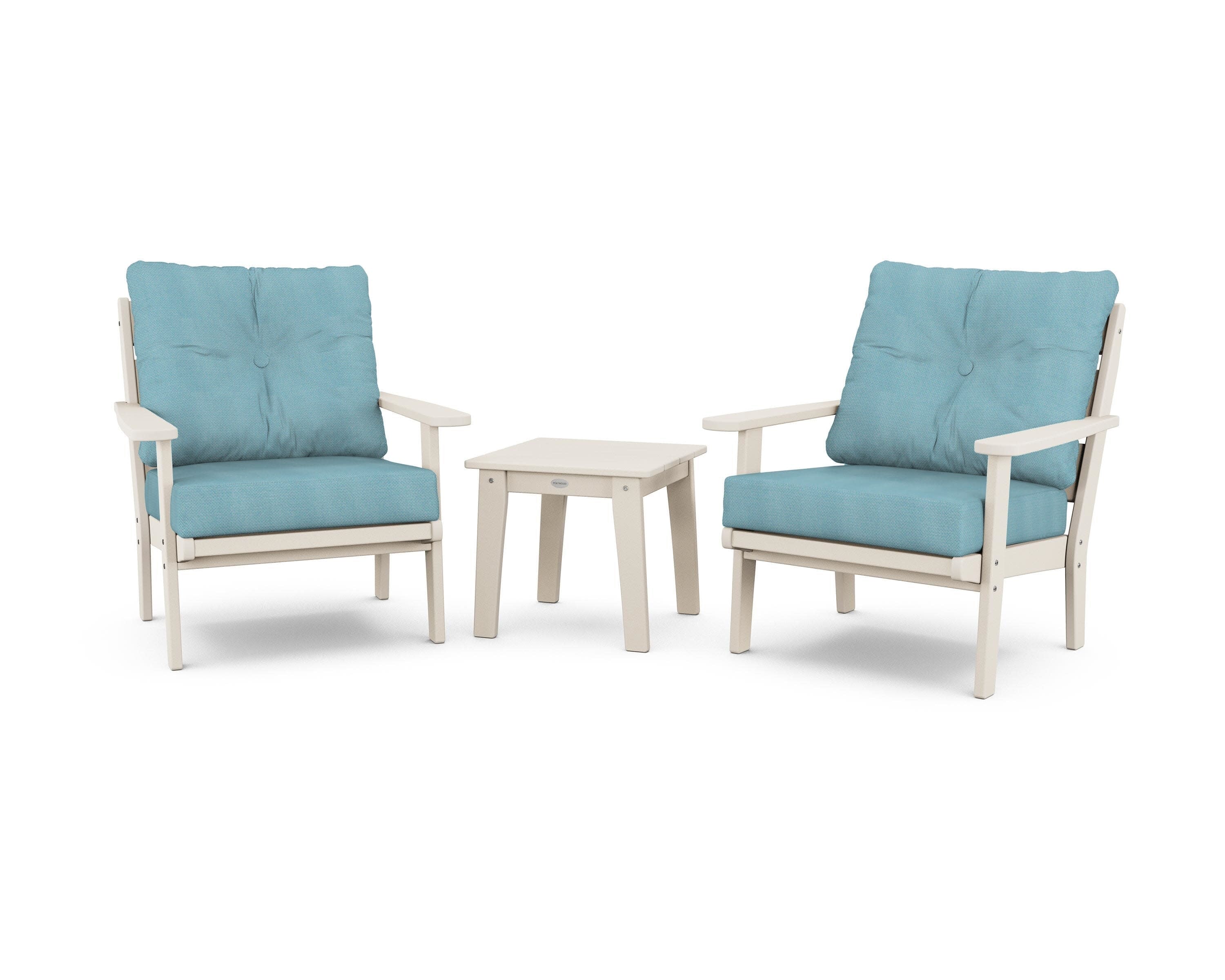 Lakeside 3-Piece Deep Seating Chair Set in Sand / Lattice Sky Blue