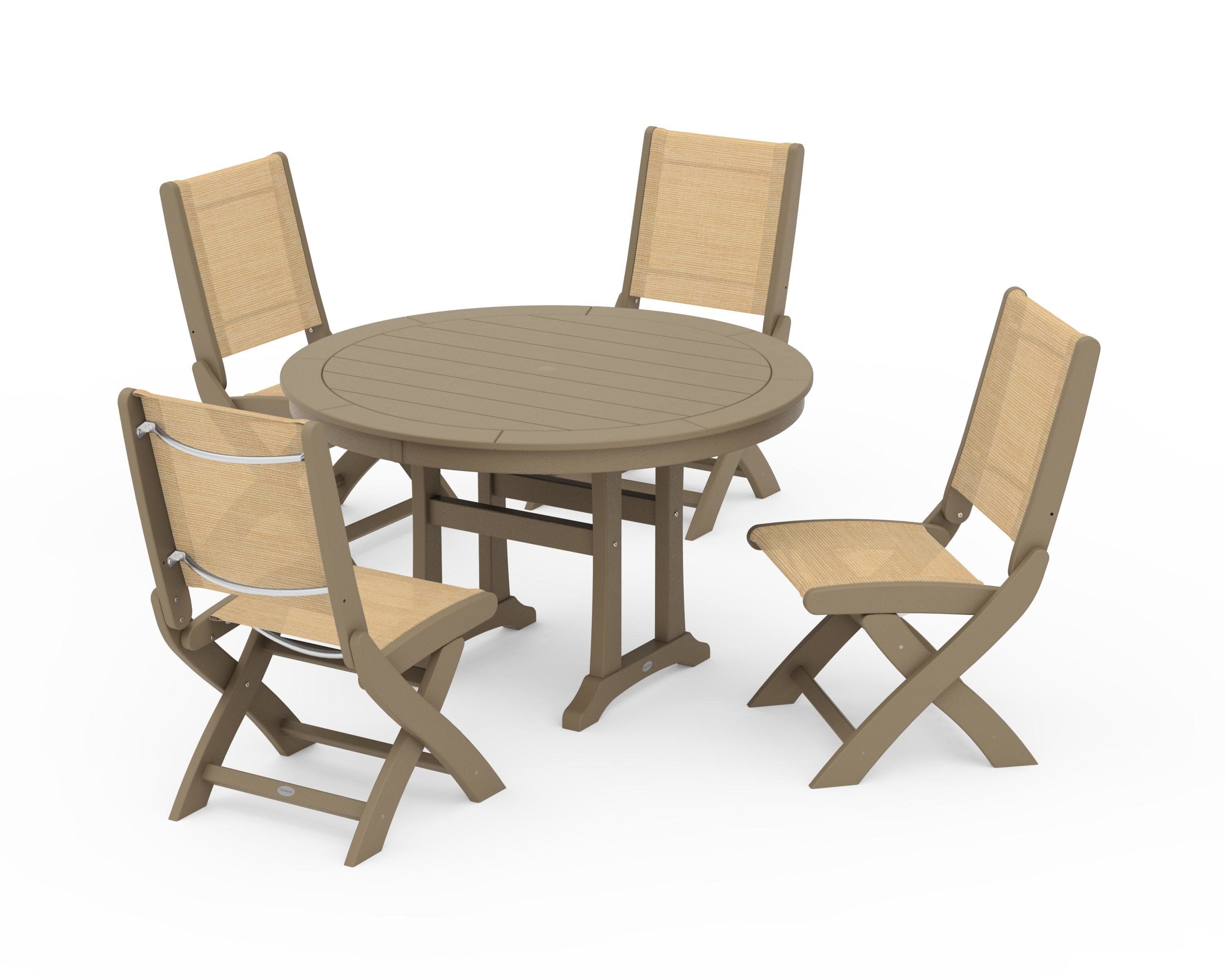 Coastal Folding Side Chair 5-Piece Round Dining Set With Trestle Legs in Vintage Sahara / Dupioni Apricot Sling