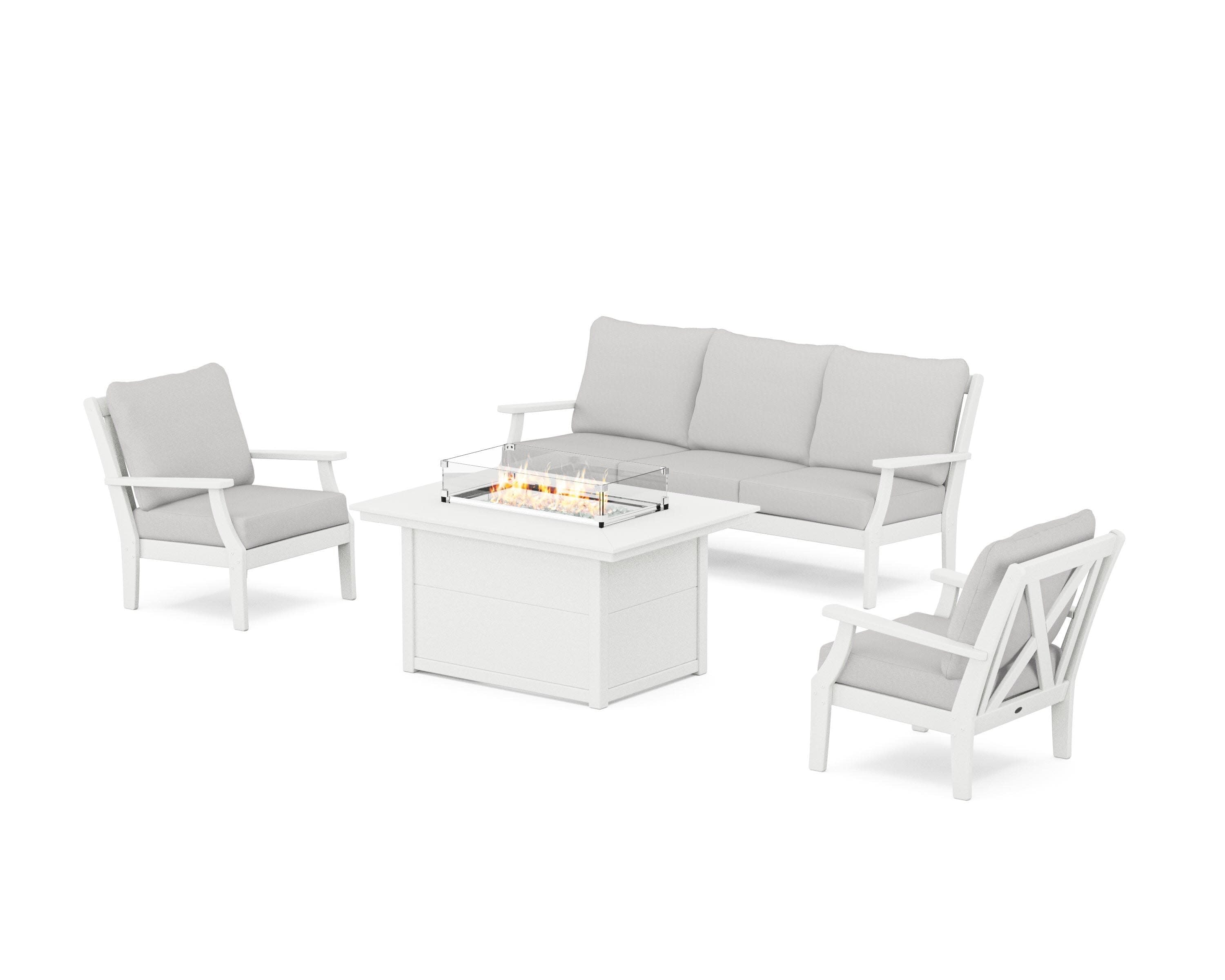 Braxton Deep Seating Fire Pit Table Set in Vintage White / Diamond in the Rough